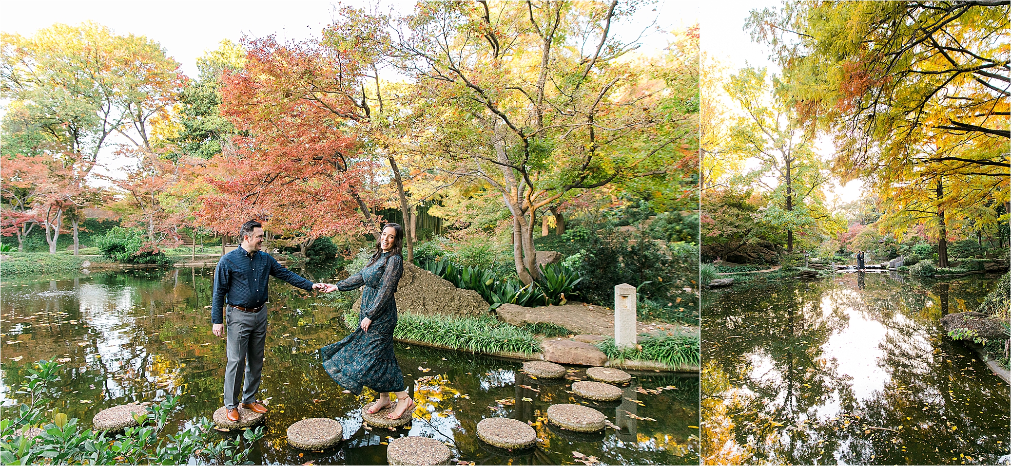 A couple holds hands on stepping stones in a pond at The Japanese Gardens during their Fort Worth Engagement Session 