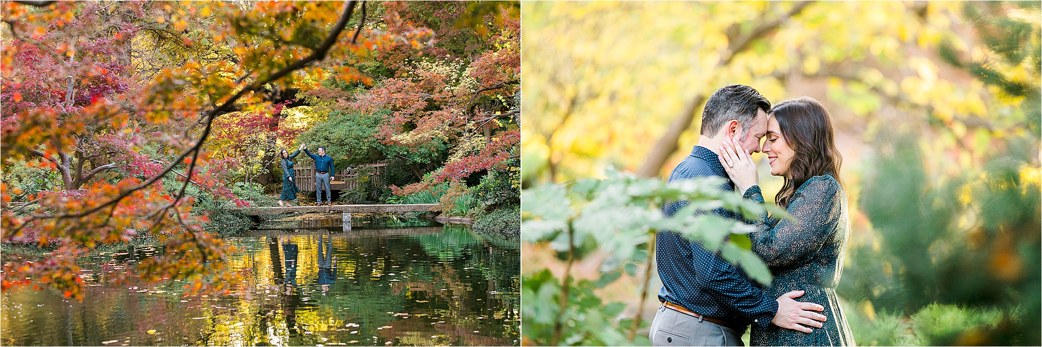 A couple embraces with foreheads touches during their engagement session at The Japanese Gardens in Fort Worth, Texas 