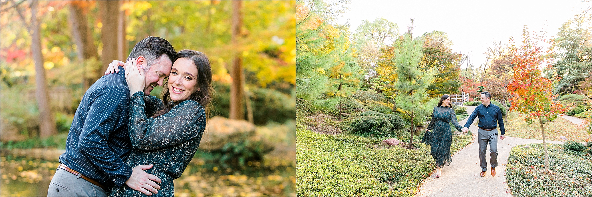 An engaged couple hugs and playfully laughs during their Fort Worth Engagement Session at The Japanese Gardens with their wedding photographer Jillian Hogan 