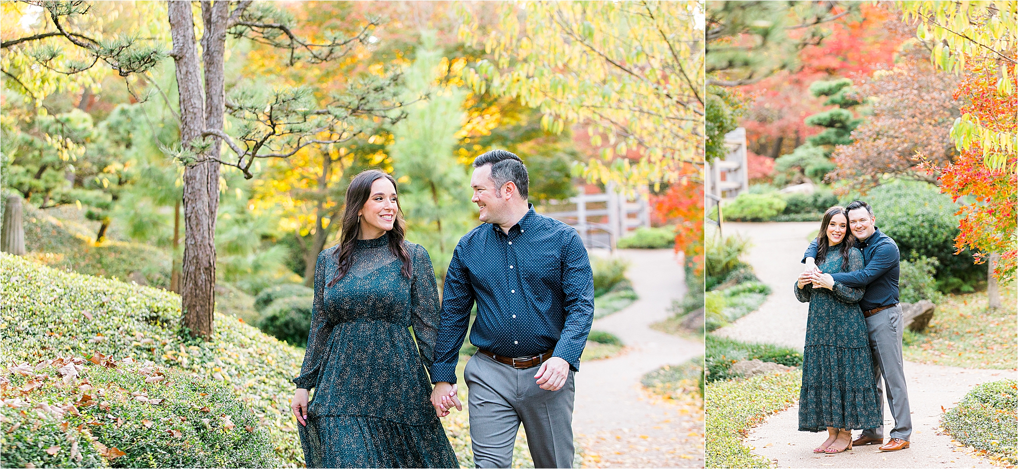 A couple walks though the colorful Japanese Gardens during their Fall Engagement Session with Jillian Hogan Photography 