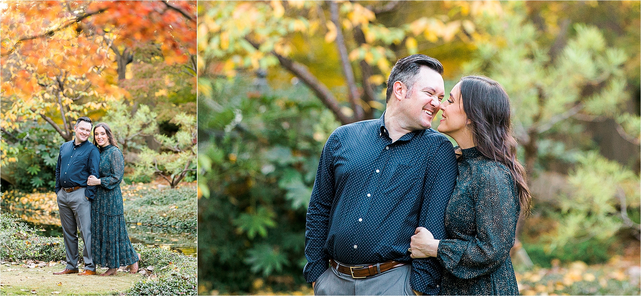 A couple smiles and scrunches their noses at their fall engagement session in the Japanese Gardens at The Fort Worth Botanic Garden 