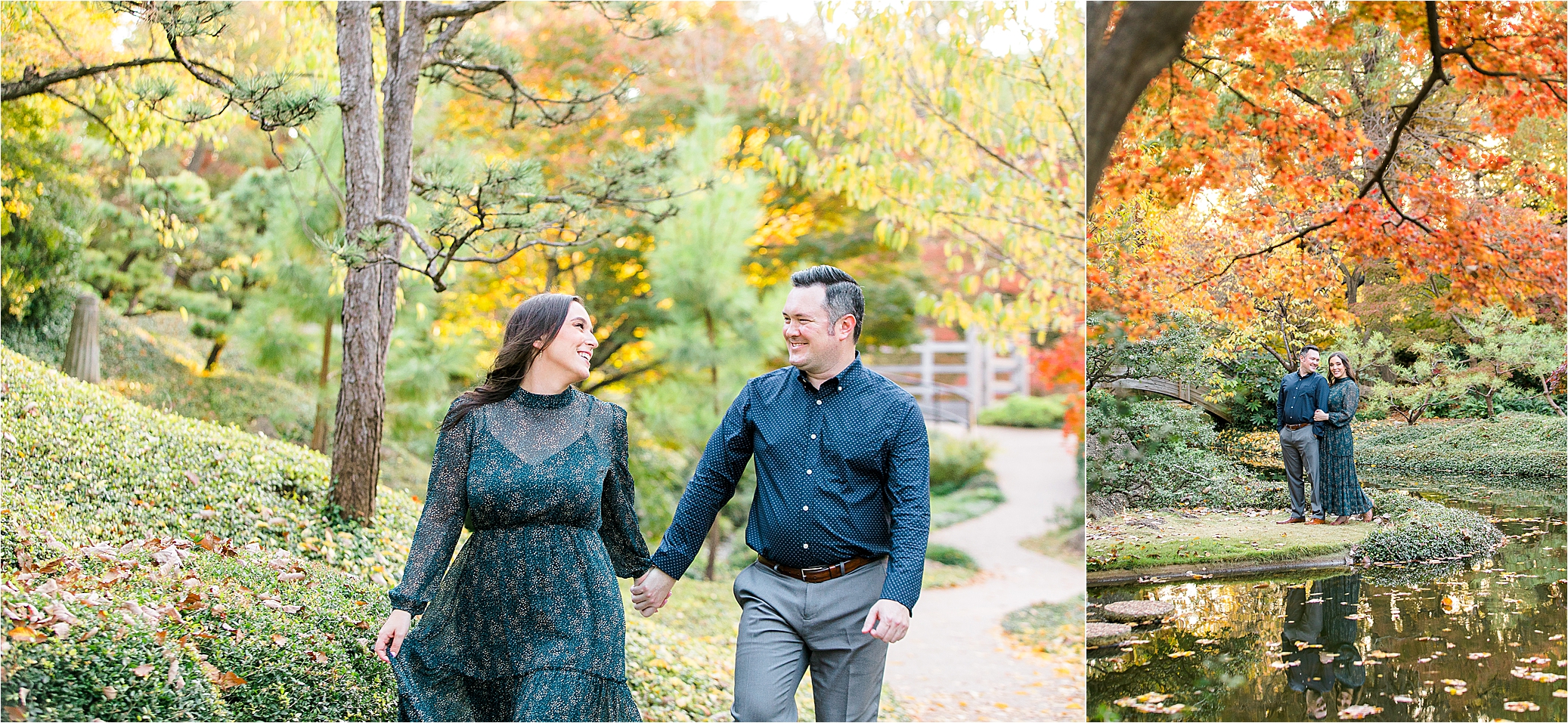 A couple holds hands and walks through The Japanese Gardens during their Fort Worth Engagement Session 