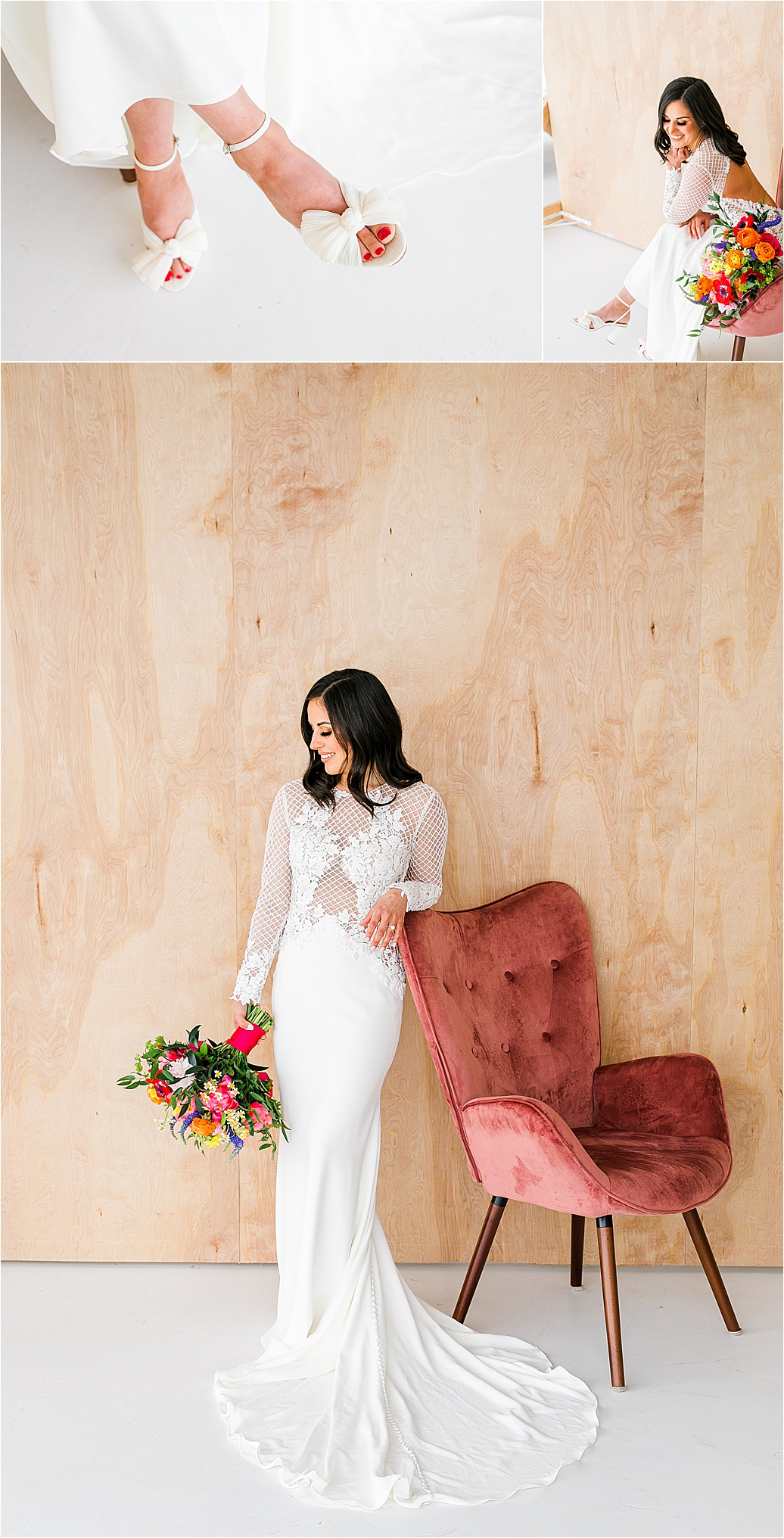 A bride leaning on a chair with her colorful bouquet during her bridal session with Dallas Wedding Photographer Jillian Hogan 