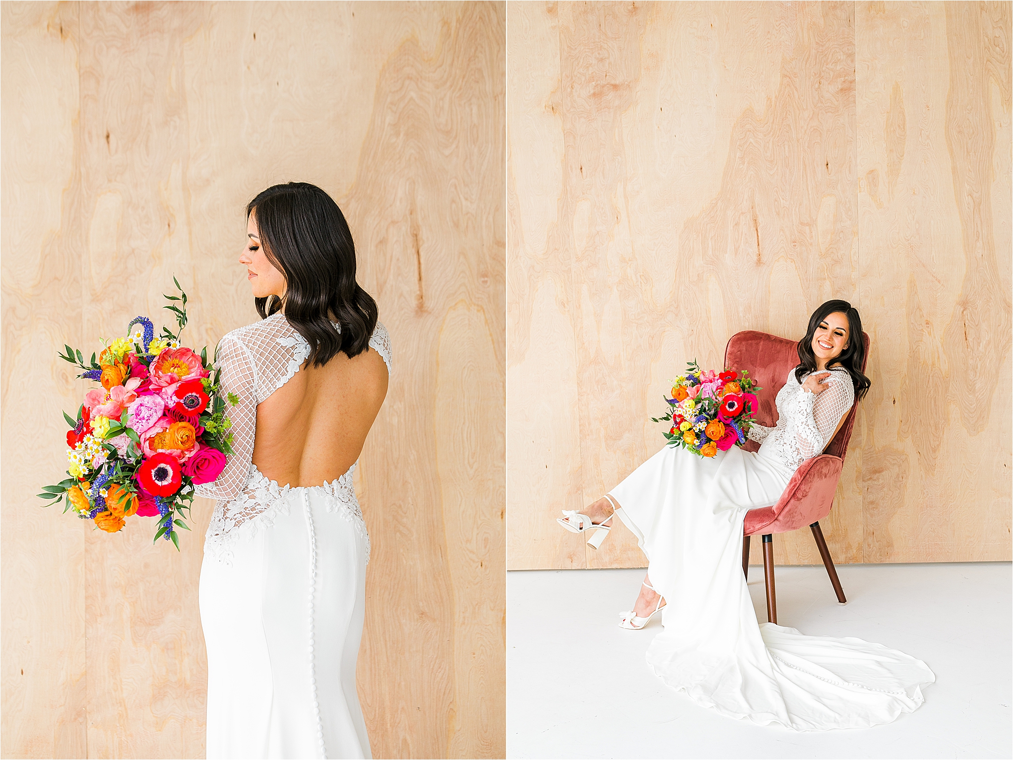 A bride with a colorful lush bouquet looks over her shoulder during her Dallas Bridal Session with DFW Wedding Photographer Jillian Hogan 