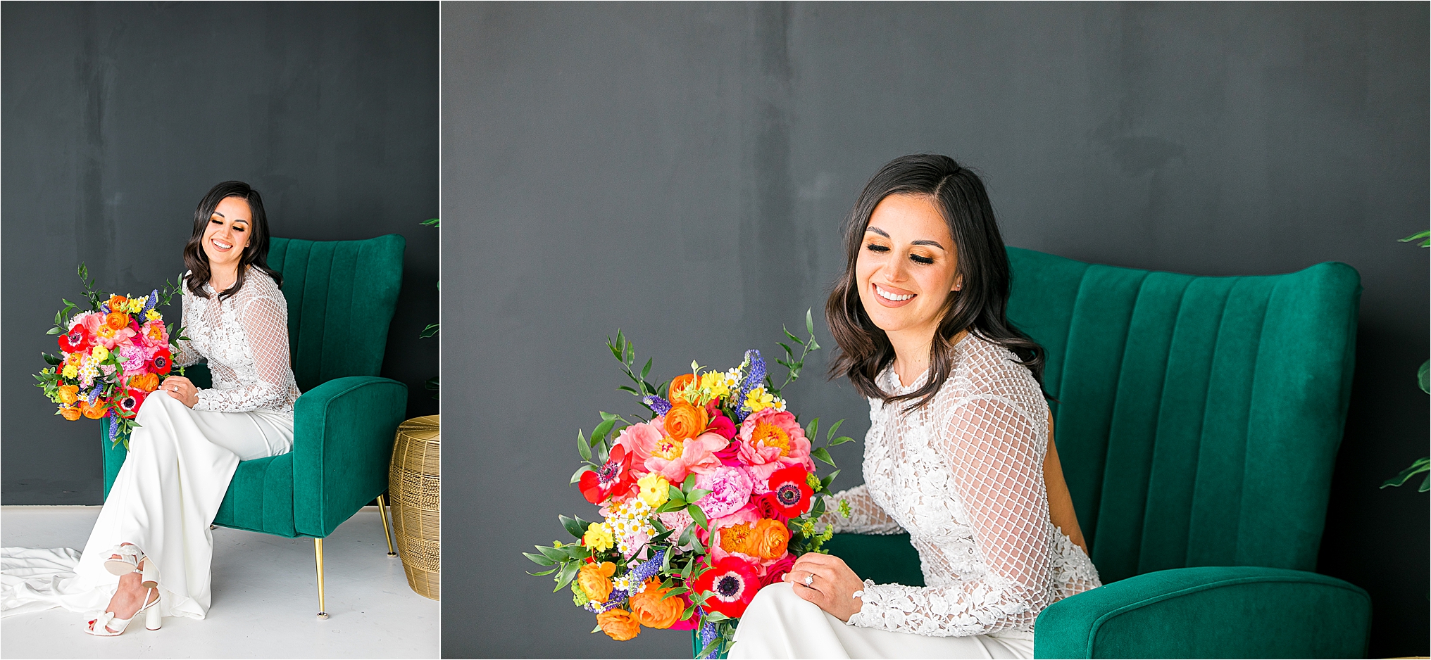 A bride sits in an emerald green chair and laughs during her studio bridal session with Dallas Wedding Photographer Jillian Hogan Photography 