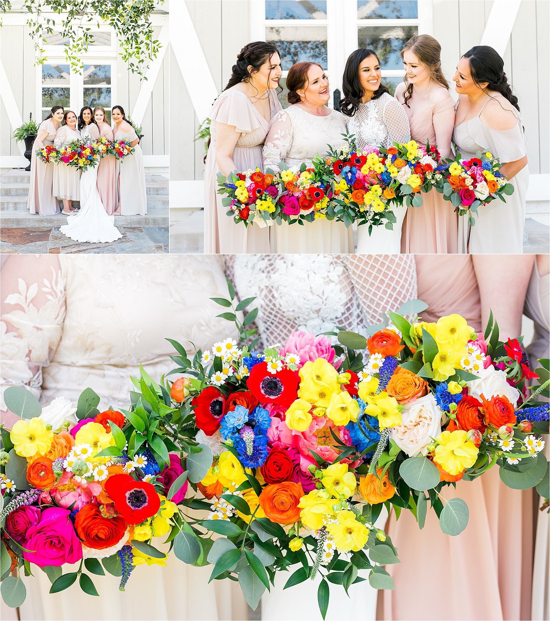 A bride and her bridesmaids pose for bridal party portraits with colorful bouquets in front of her Pineway Farms Wedding Venue with San Antonio Wedding Photographer Jillian Hogan 