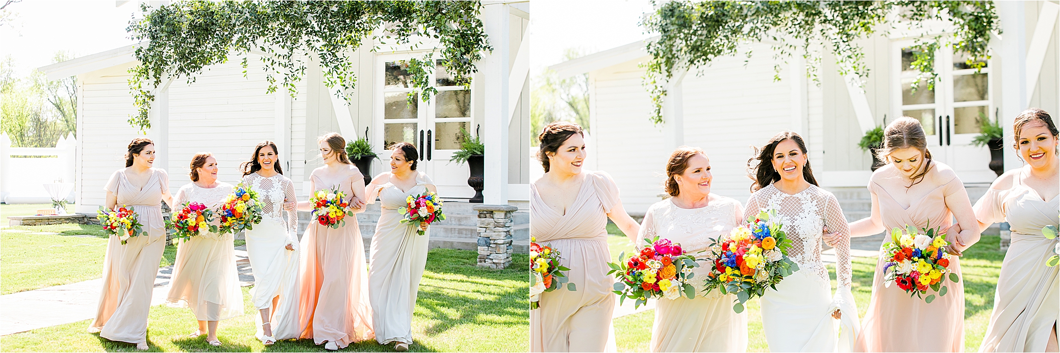 A bride walking and laughing with her bridesmaids with their colorful bouquets at Pinway Farms in East Texas 