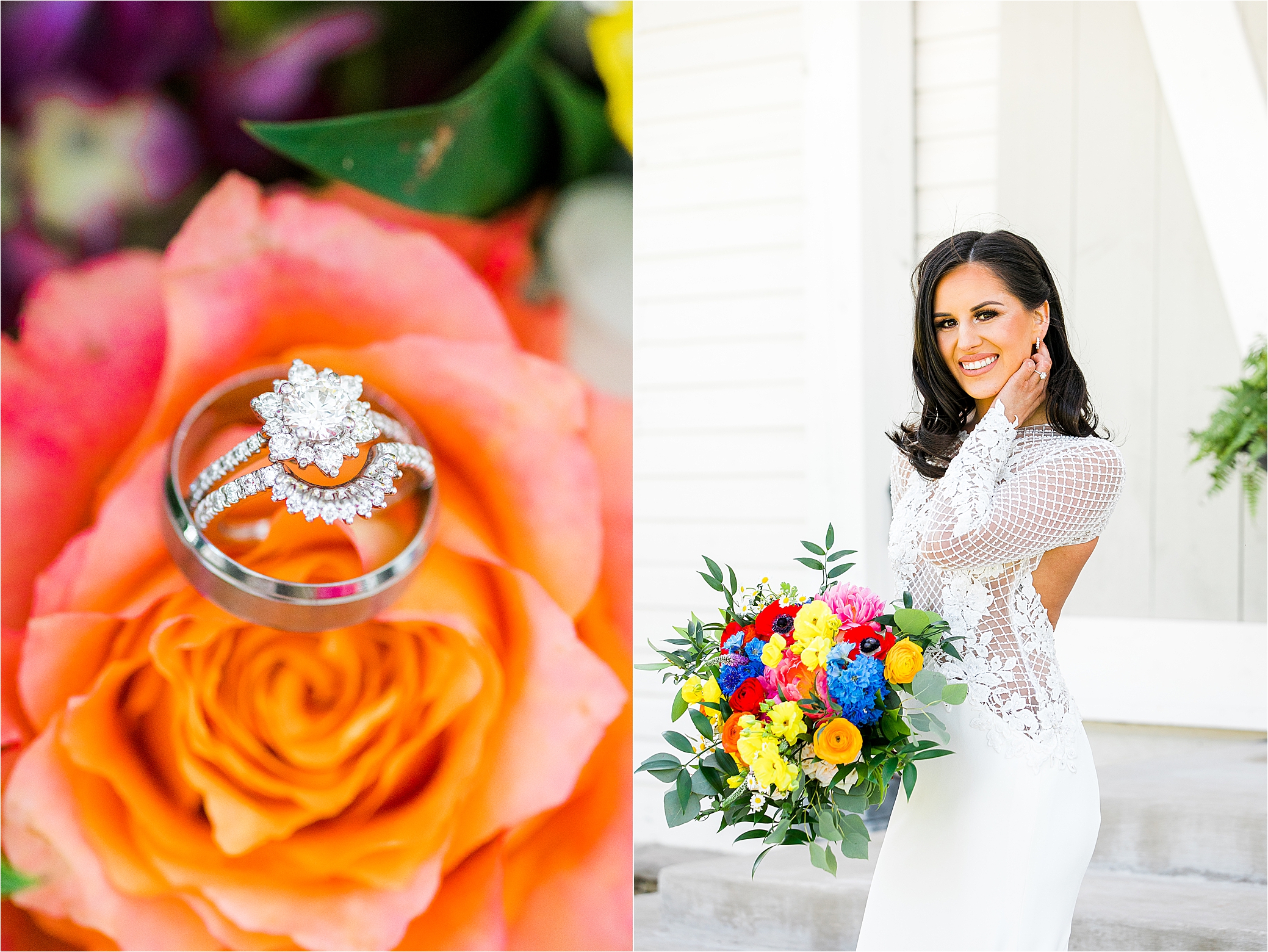 Wedding Rings on an orange flower and a bride with a colorful bouquet on wedding day at Pineway Farms with Hill Country Wedding Photographer Jillian Hogan 