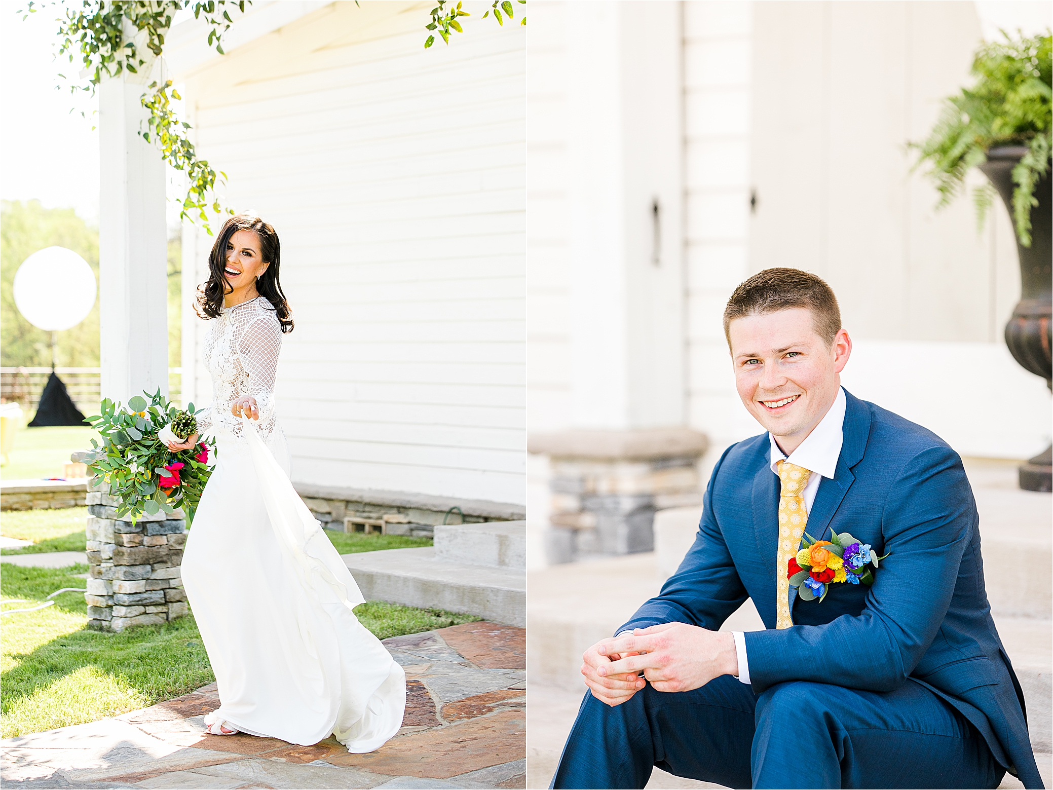Separate portraits before the ceremony of the bride and groom on their wedding day at Pineway Farms in Gladewater, Texas 