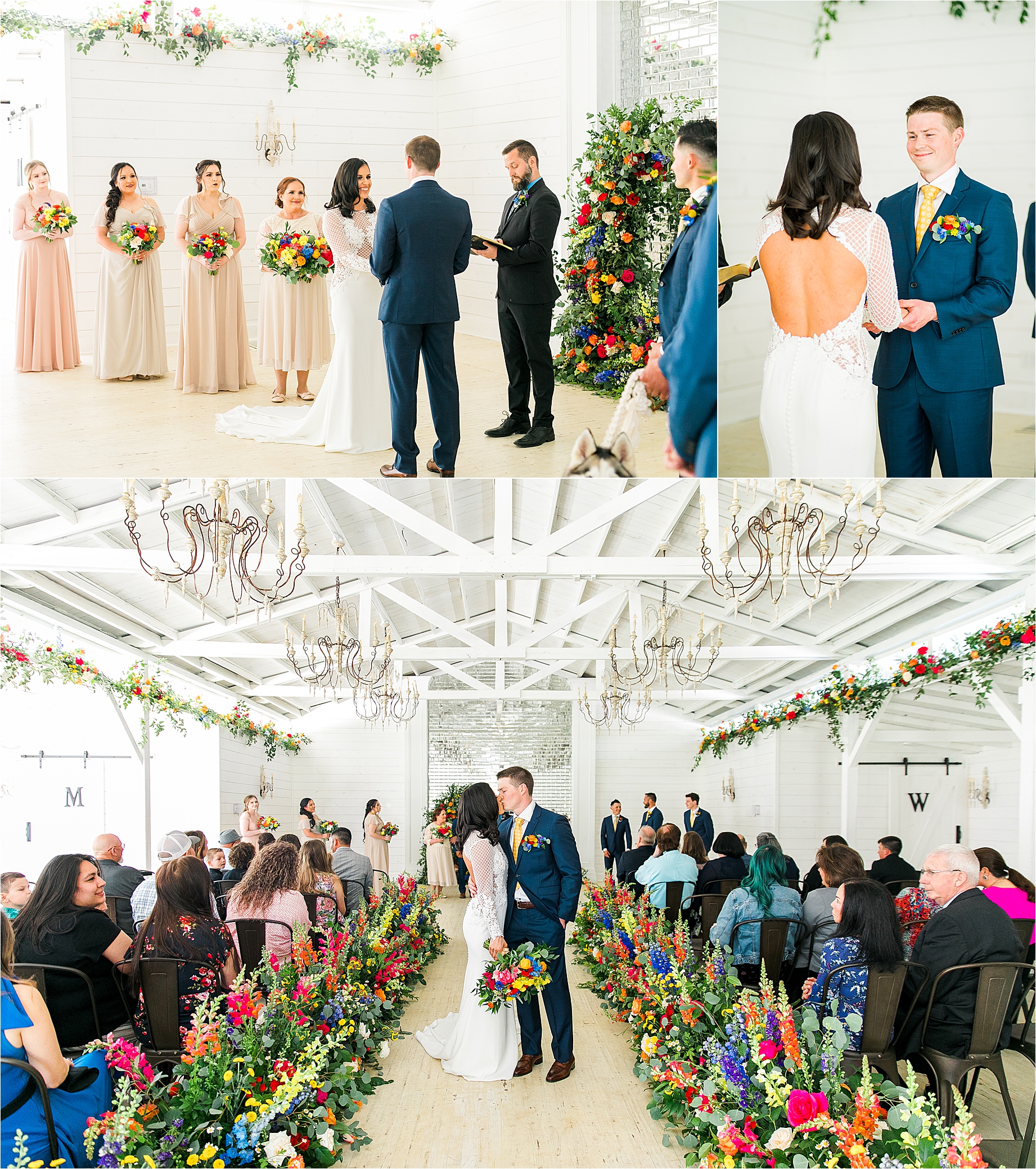 A just married couple shares in their bright Ceremony space with colorful flowers at Pineway Farms in Gladewater Texas