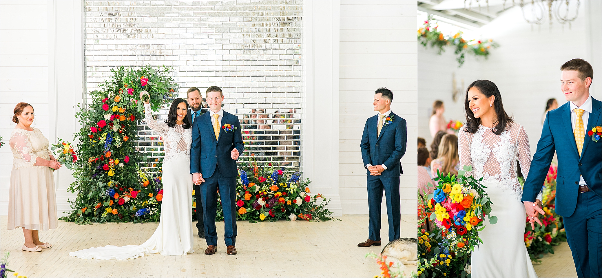 A couple with much excitement after they are pronounced husband and wife during their bright, colorful ceremony at Pineway Farms 