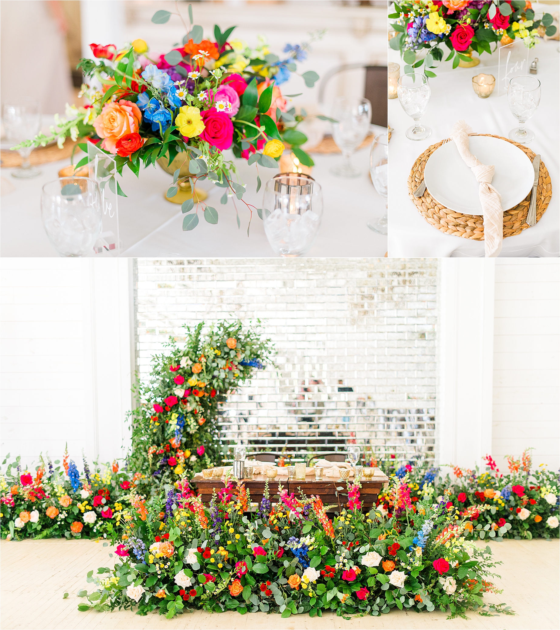 Colorful Reception Flowers, table setup and a stunning arch by La Bella Blooms at PIneway Farms with Hill Country Wedding Photographer Jillian Hogan 