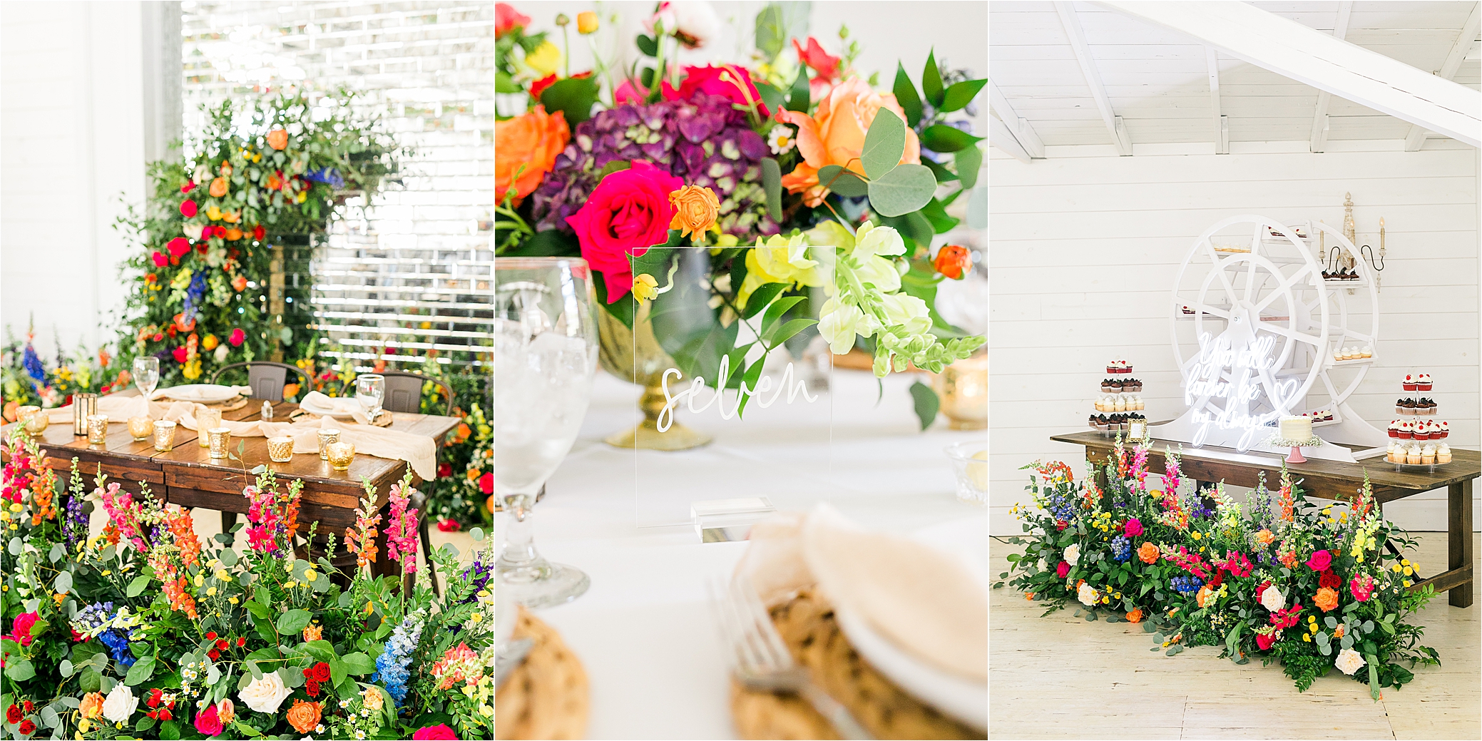 Colorful wedding reception details at PIneway Farms in Gladewater, Texas with San Antonio Wedding Photographer Jillian Hogan and Simply Yours by Design 