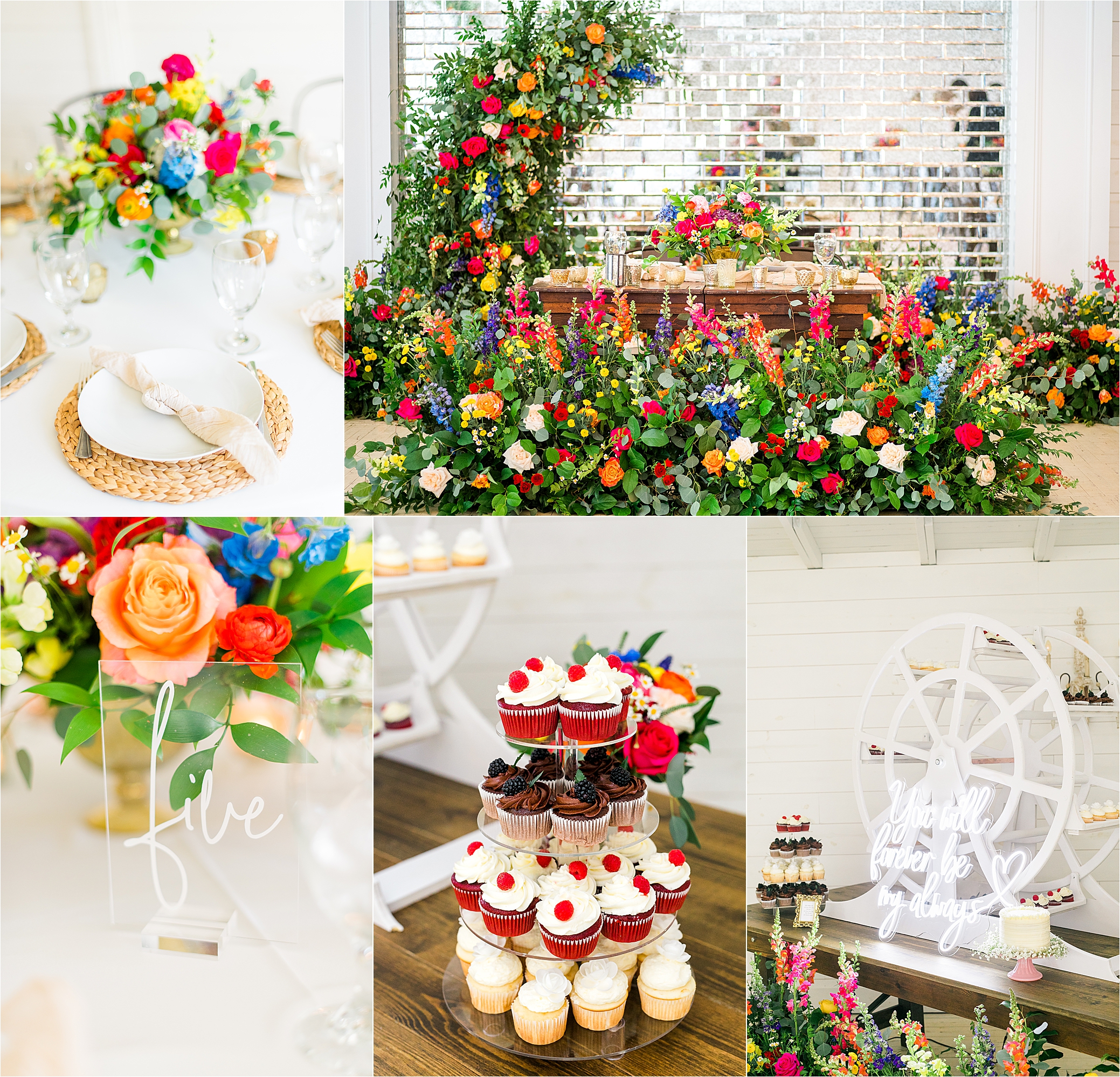 A stunning, coloful flower display, cupcakes and table numbers at a PIneway Farms wedding reception 