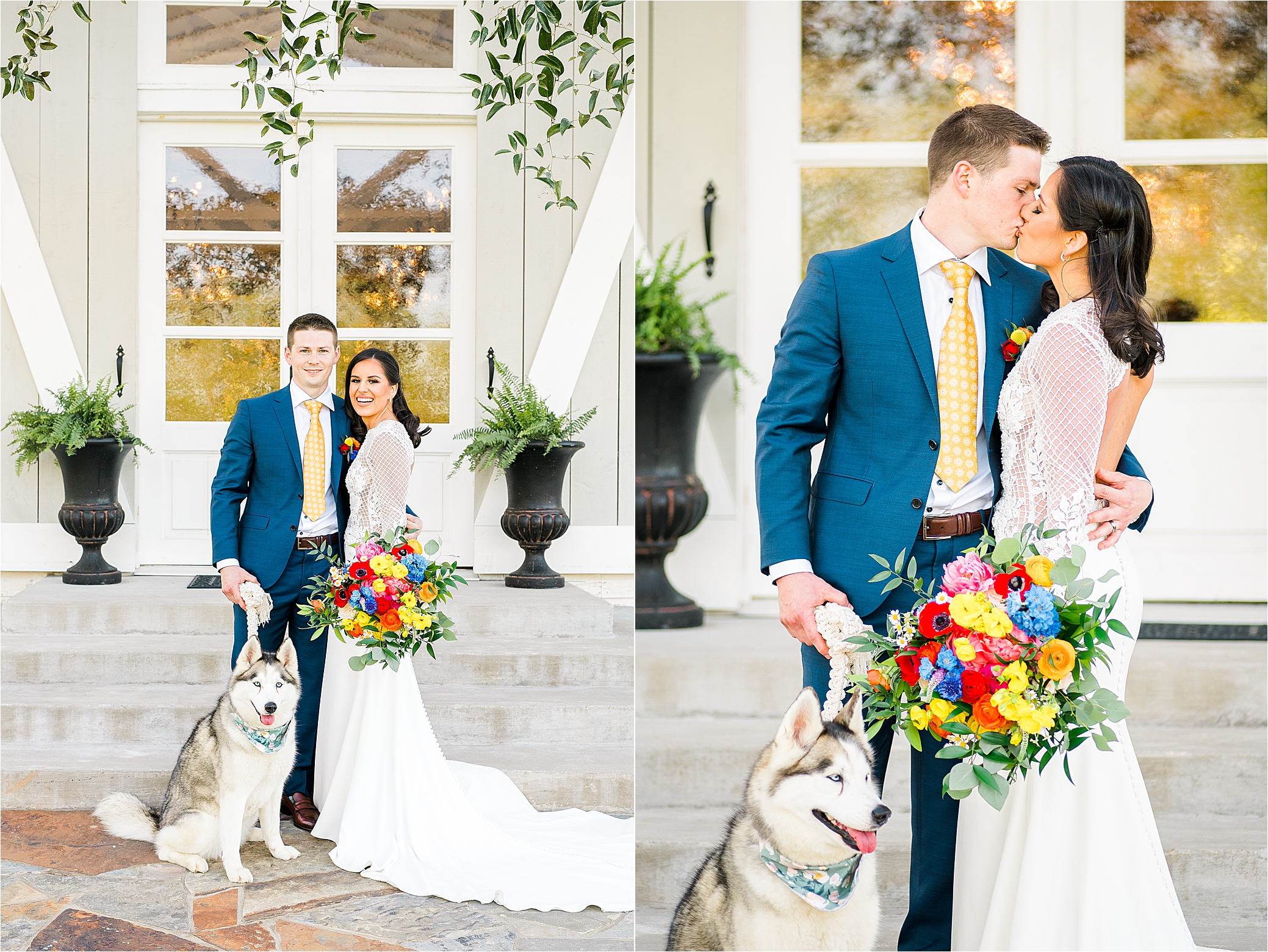 A newlywed couple poses with their husky and shares a kiss in front of their wedding venue with Hill Country Wedding Photographer Jillian Hogan 