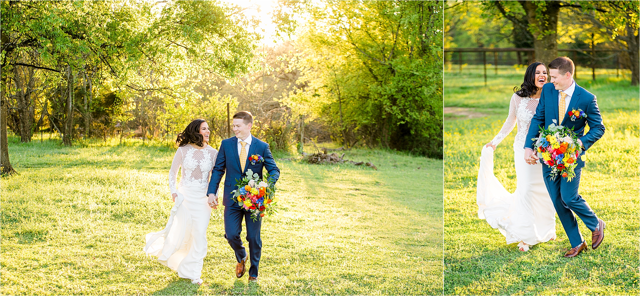 A couple runs and bumps hips during their wedding portraits at Pineway Farms with Hill Country Wedding Photographer Jillian Hogan 