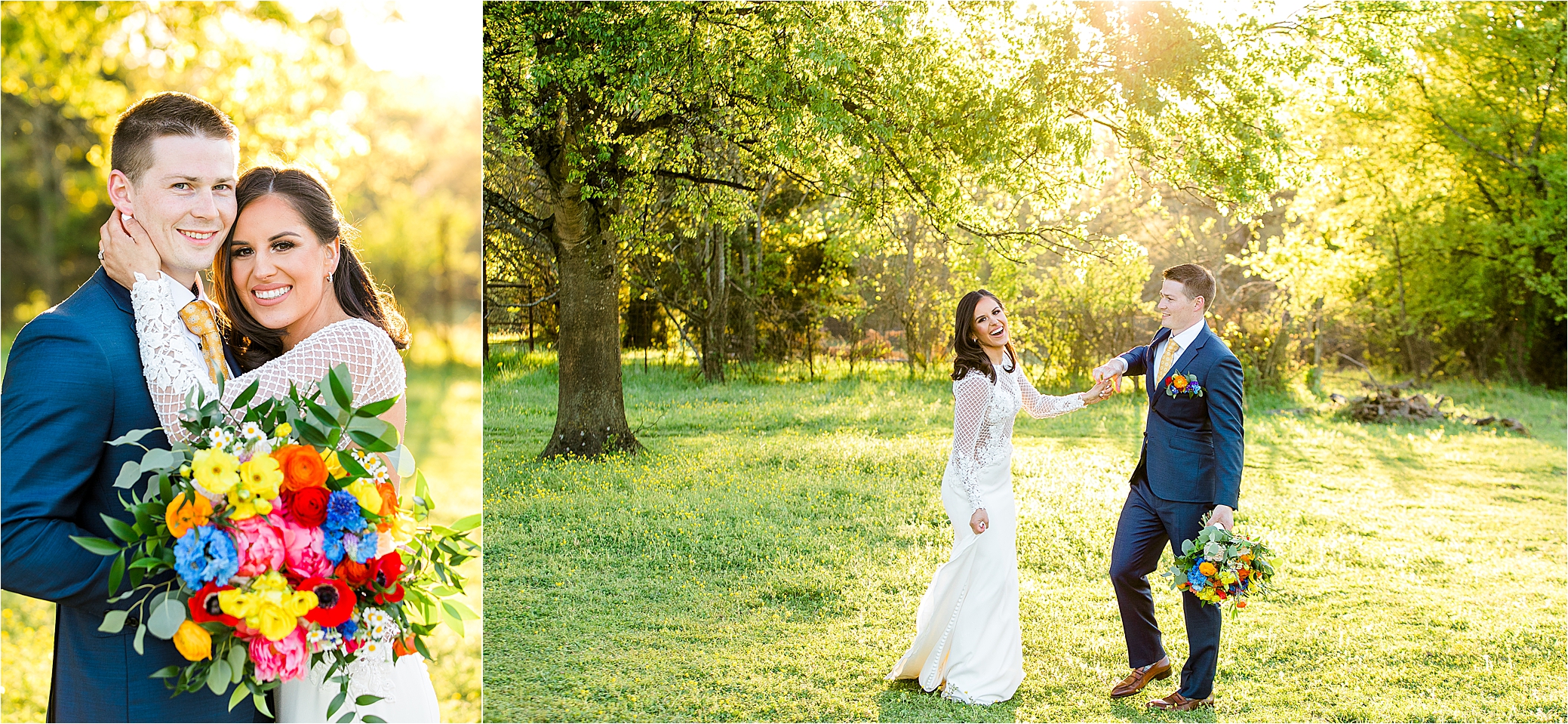 A couple embraces and shares a dance during their wedding day portraits at sunset 