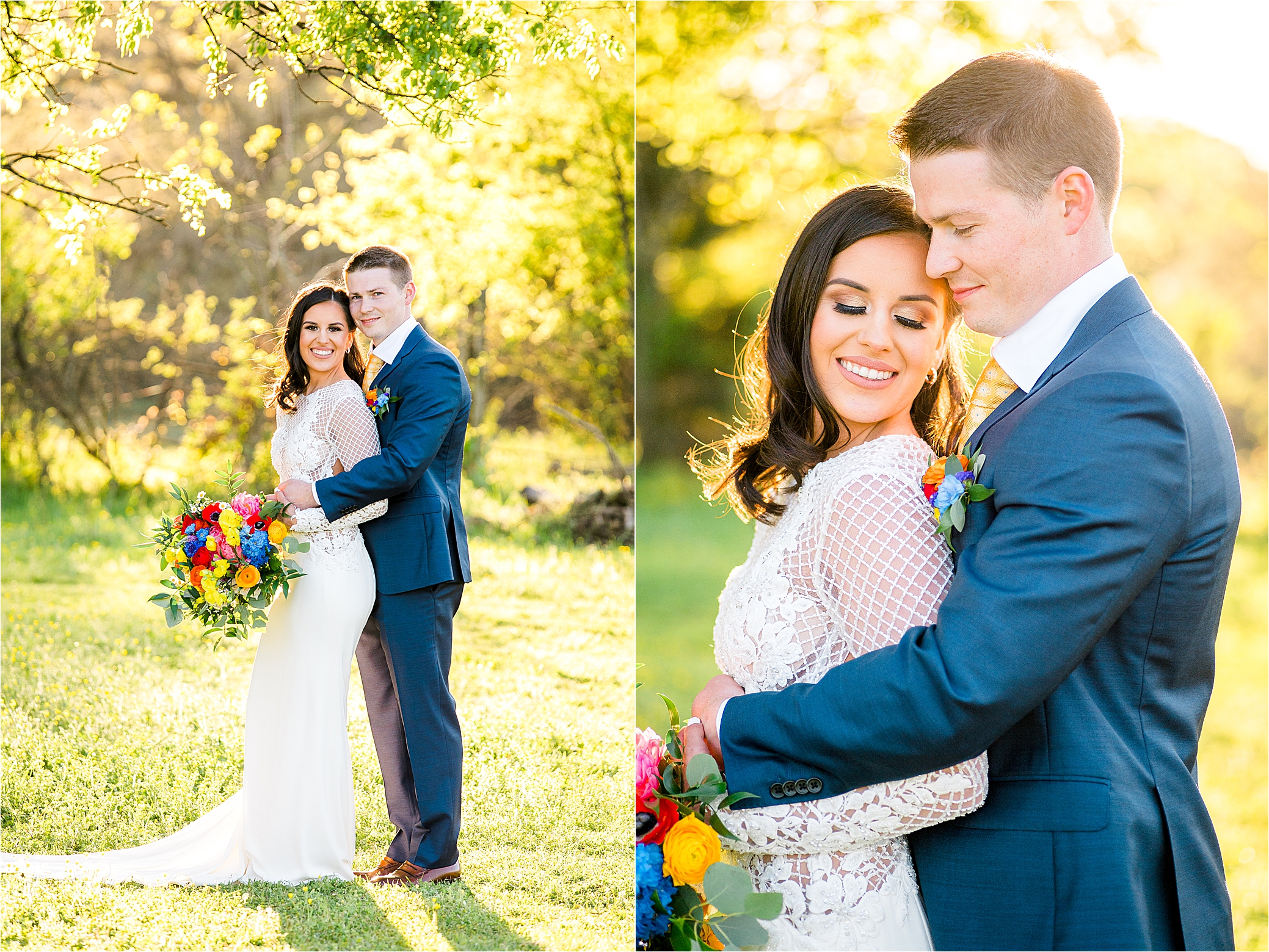 A groom embraces his wife during their outdoor, sunset wedding portraits at PIneway Farms 
