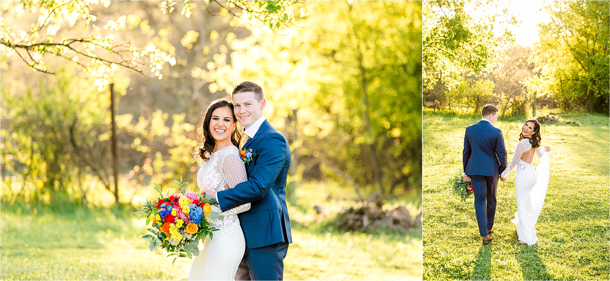A couple hugs and a bride looks back during golden hour wedding portraits at PIneway Farms 