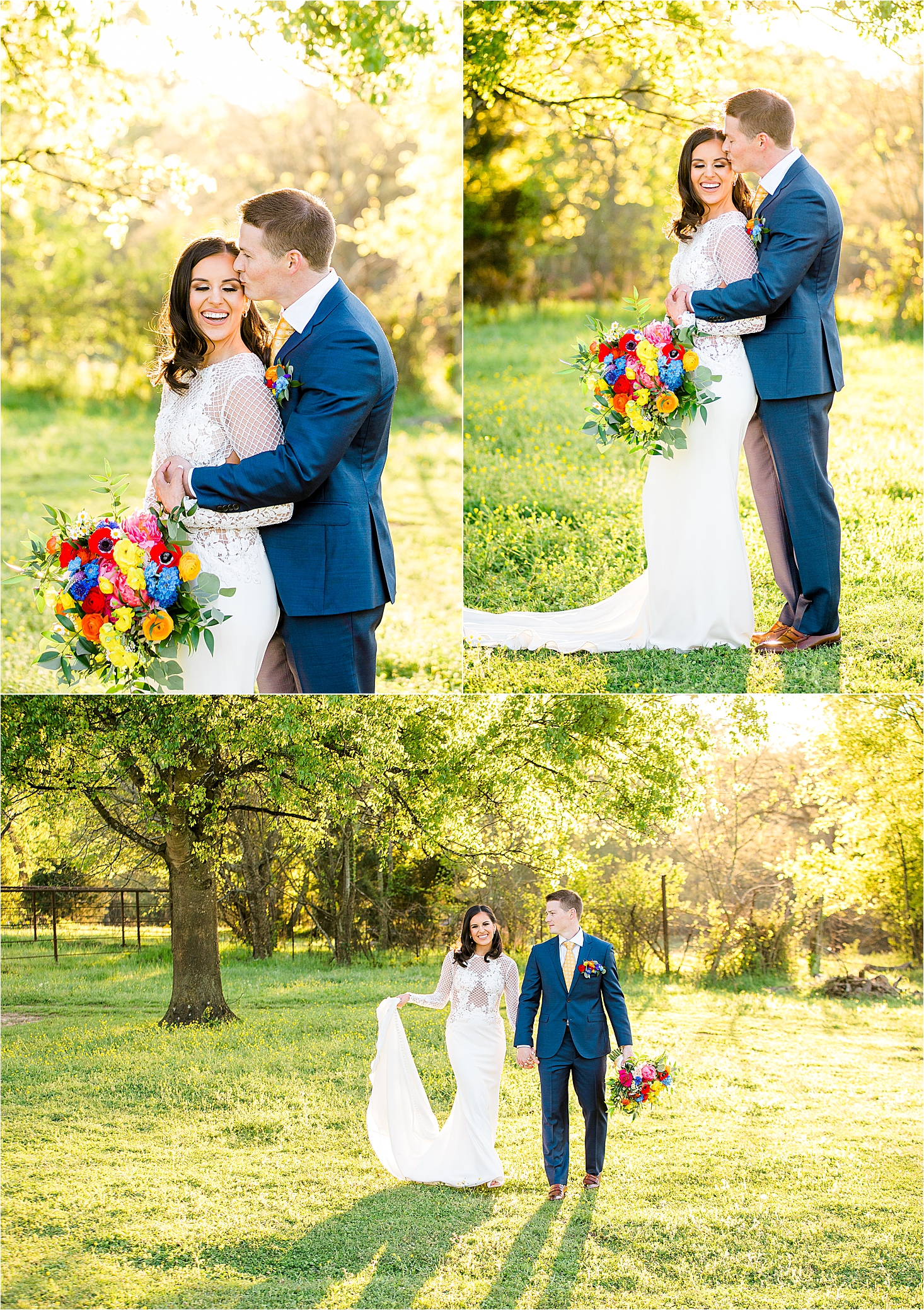 A couple embraces during their outdoor sunset wedding day portraits at Pineway Farms in East Texas 