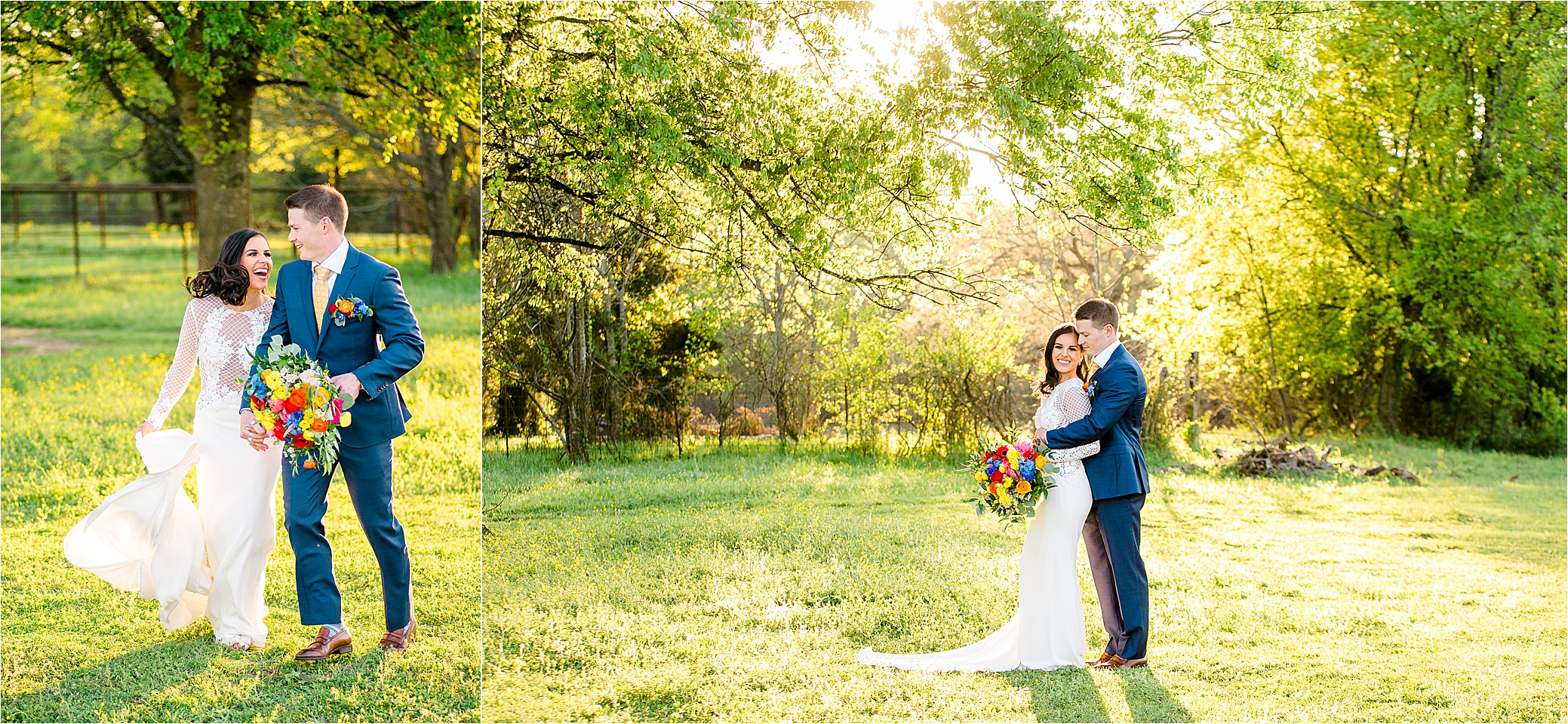 A couple joyfully runs through a field together on their wedding day at Pineway Farms during their portraits with Hill Country Wedding Photographer Jillian Hogan 