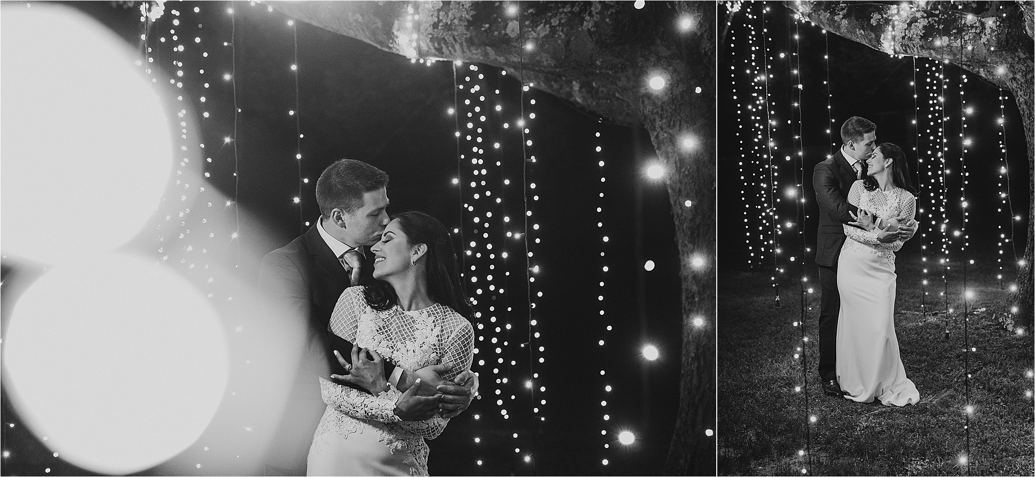 A couple embraces under the twinkle lights at night on their wedding day at Pineway Farms in East Texas. 