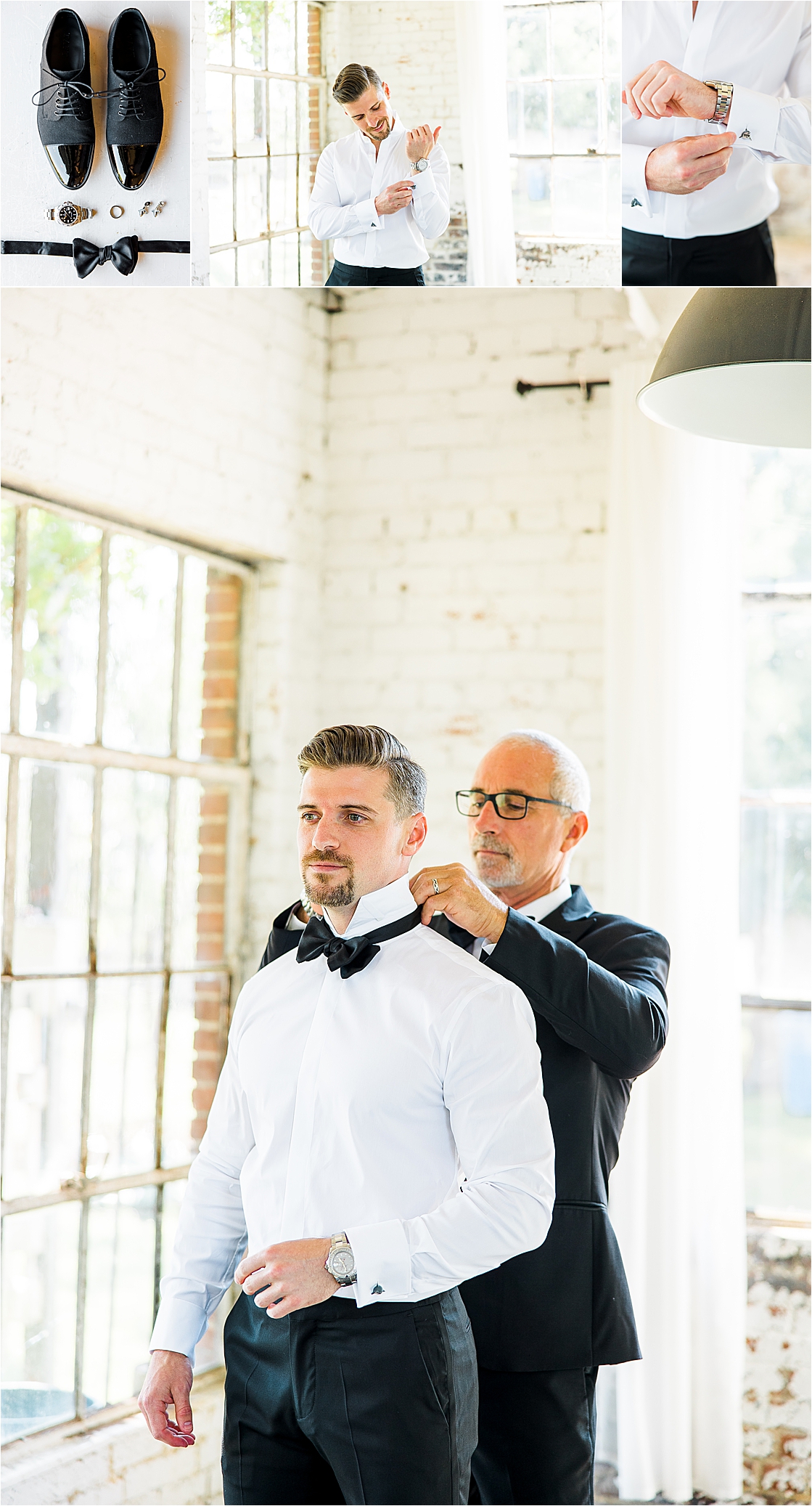 The groom's details and his father helping him to get dressed on his wedding day at Hickory Street Annex by Dallas Wedding Photographer Jilian Hogan 