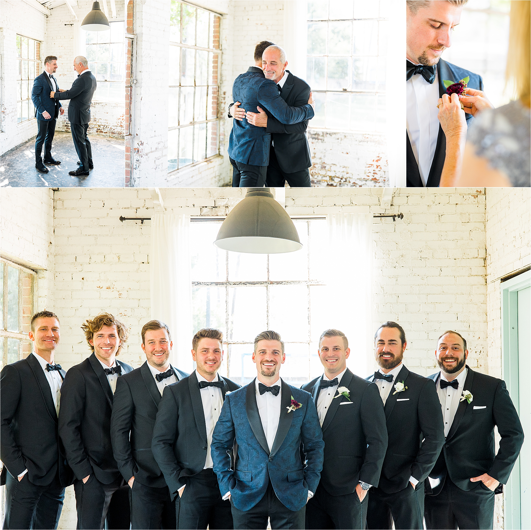 A groom hugs his dad and poses with his groomsmen inside a bright, white brick walled building at Hickory Street Annex with Wedding photographer Jillian Hogan 