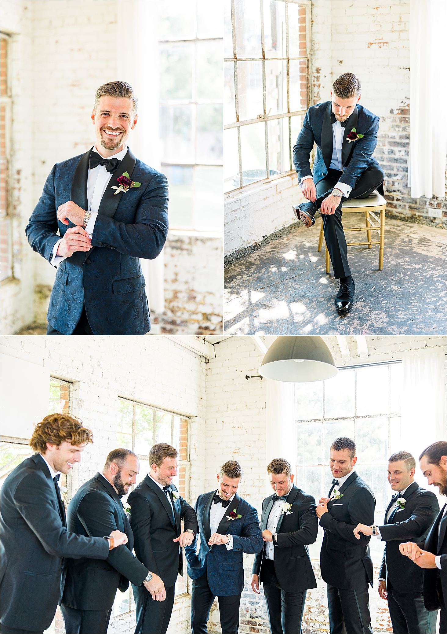 A groom getting ready in a white brick room for his Hickory Street Annex Wedding in Dallas, Texas by DFW Wedding Photographer Jillian Hogan 