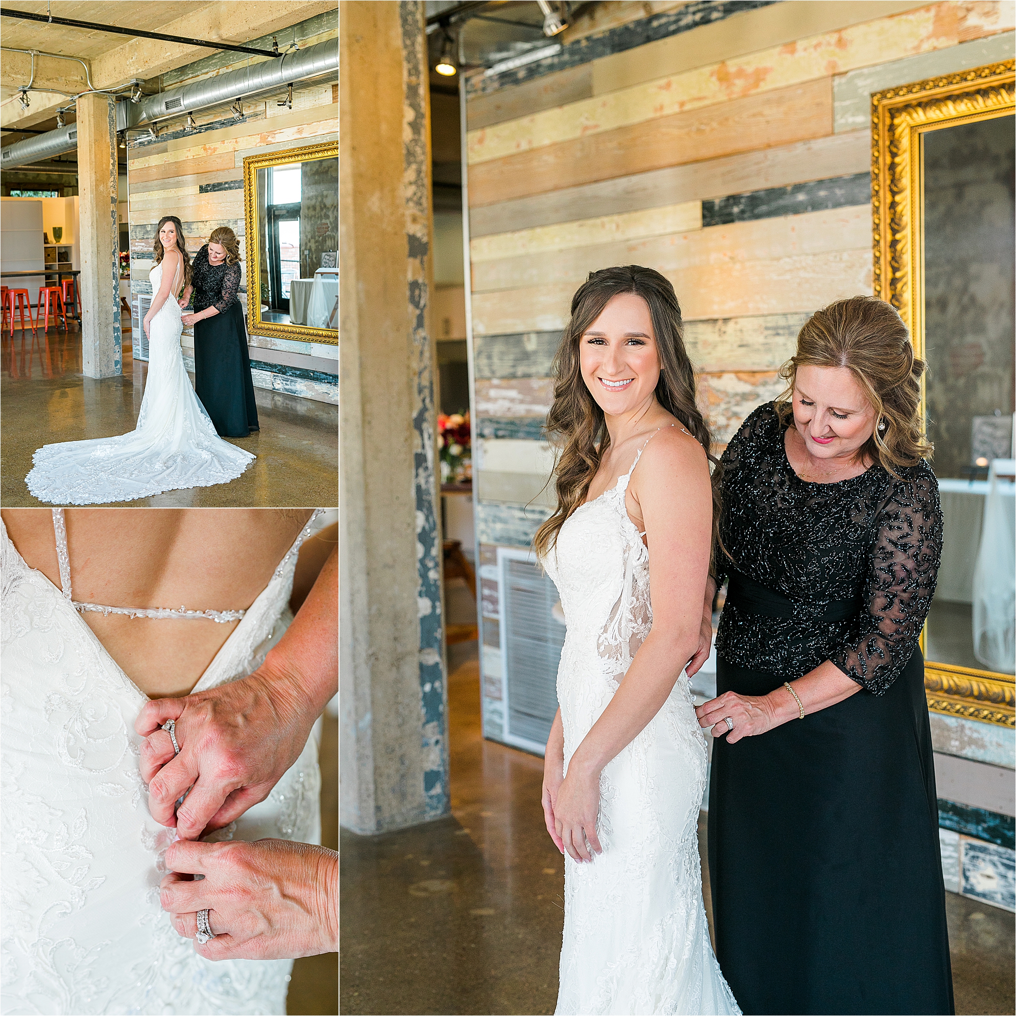 A mother buttons her daughters wedding dress at Hickory Street Annex in Dallas, TX 