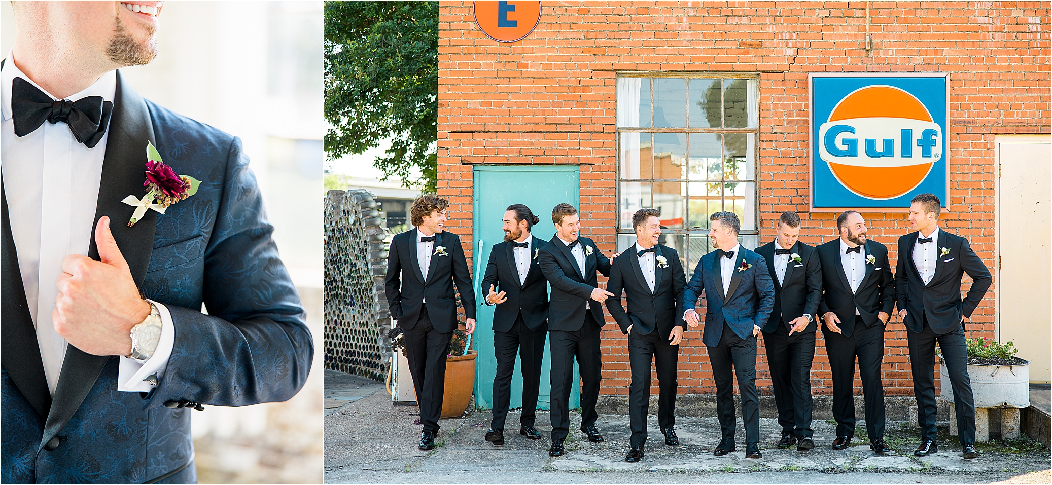 A groom and his groomsmen walking in front of a brick wall together at Hickory Street Annex with San Antonio Wedding Photographer Jillian Hogan Photography 