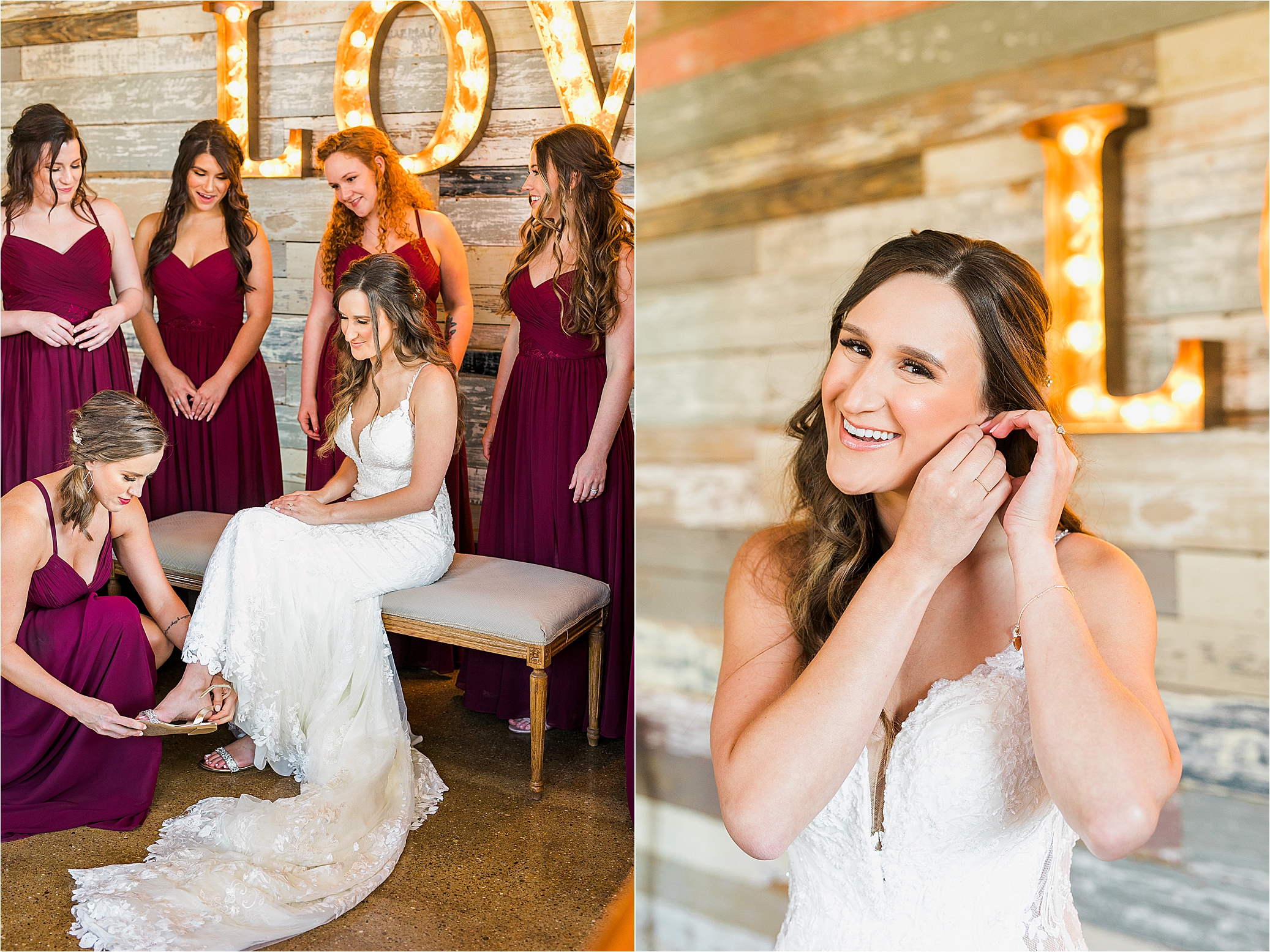 A bride puts on her earrings on in the bridal suite of Hickory Street Annex in Dallas, TX with DFW Wedding Photographer Jillian Hogan Photography 