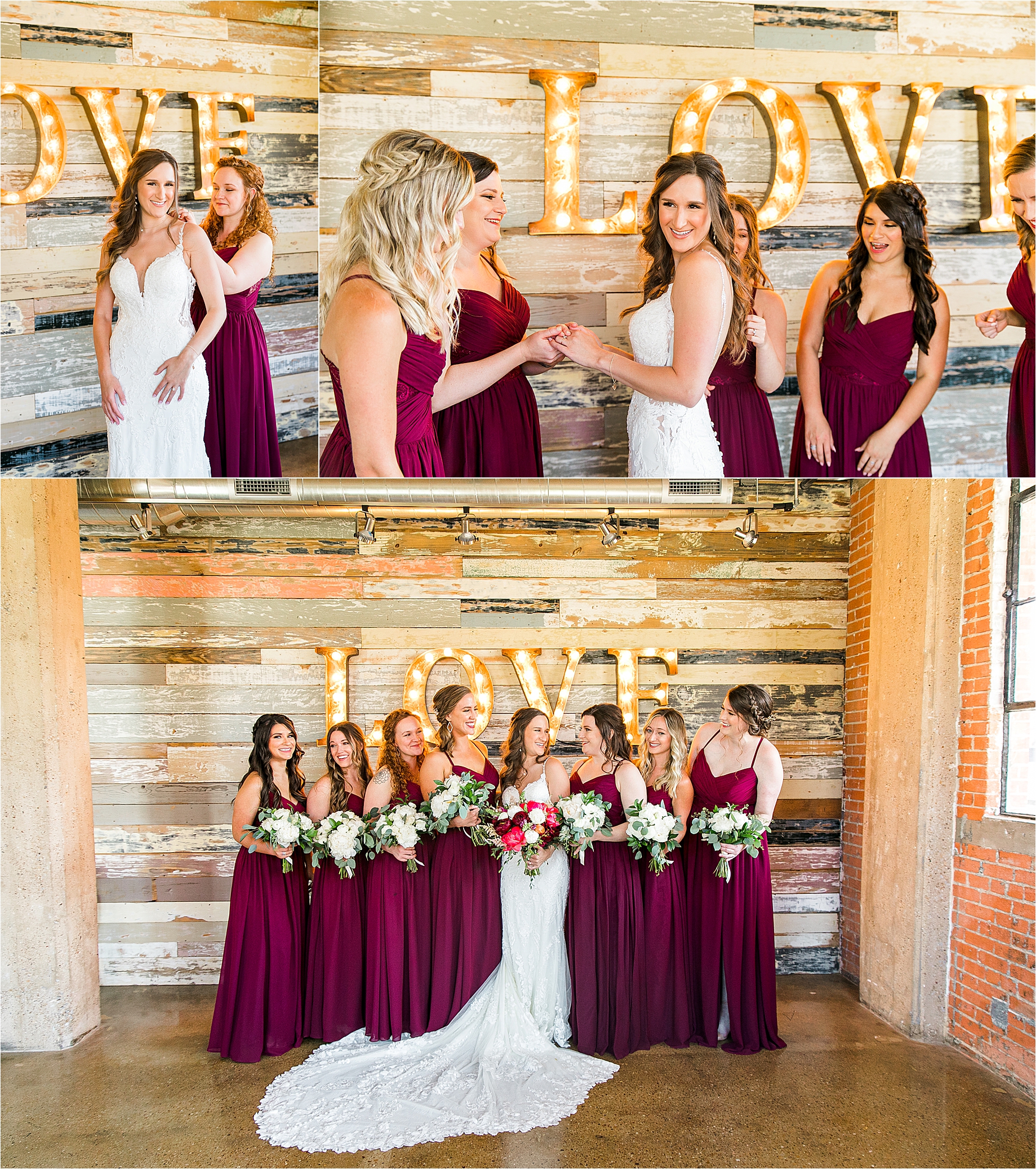 A bridesmaids puts on a bride's necklace and they pose for photos in a rustic bridal suite at HIckory Street Annex in Dallas, Texas