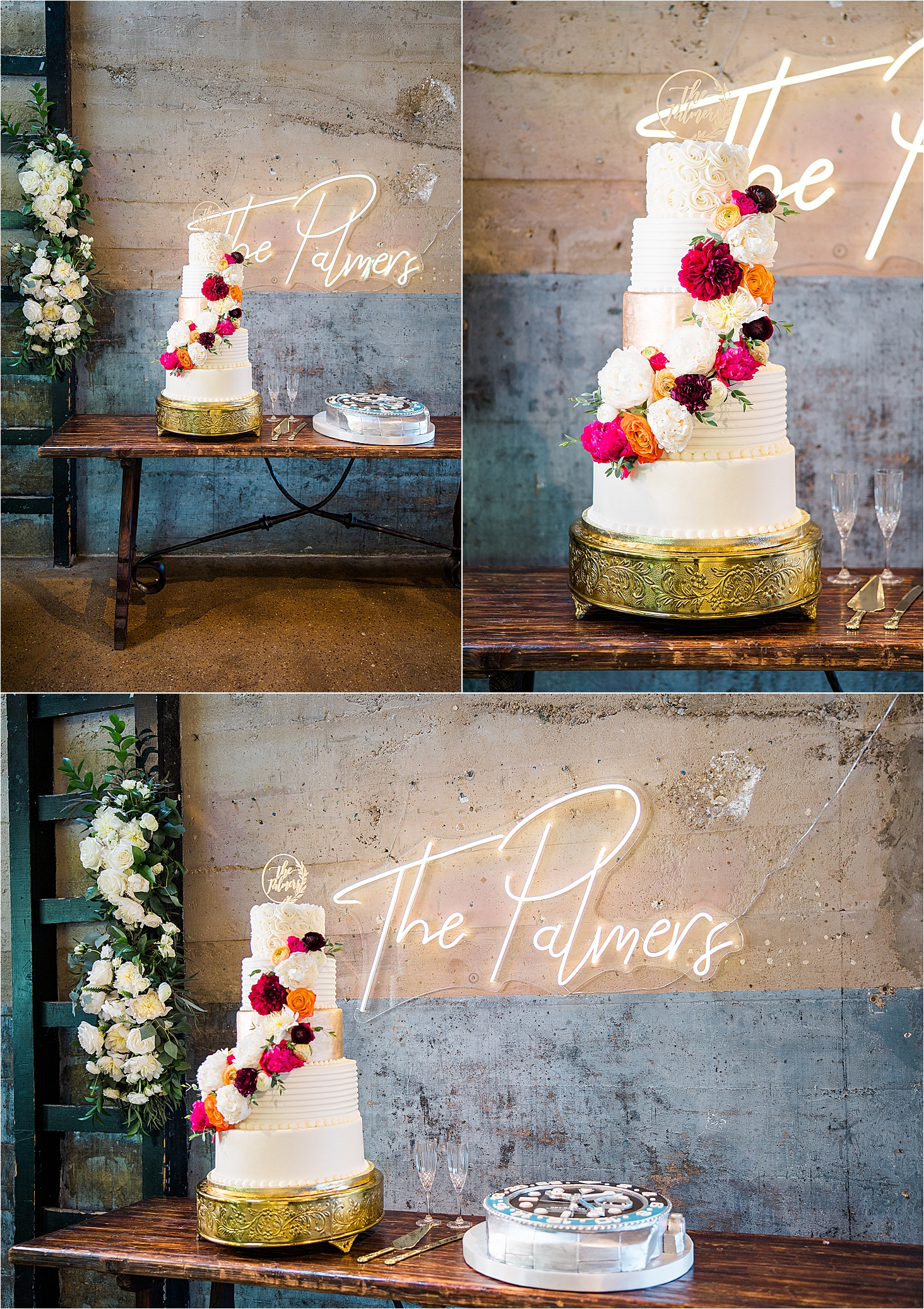 A three tier cake wrapped in Florals by Fancy Cakes at Hickory Street Annex with a Neon sign above by DFW Neon 