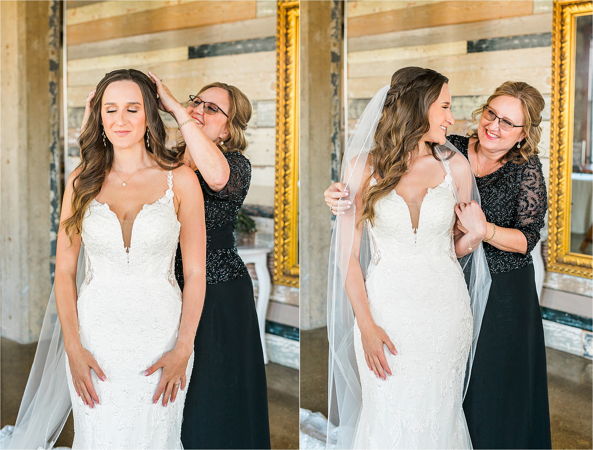 A mother of the bride puts on her daughter's veil and they look at each other and smile in the bridal suite of Hickory Street Annex in Dallas, Texas