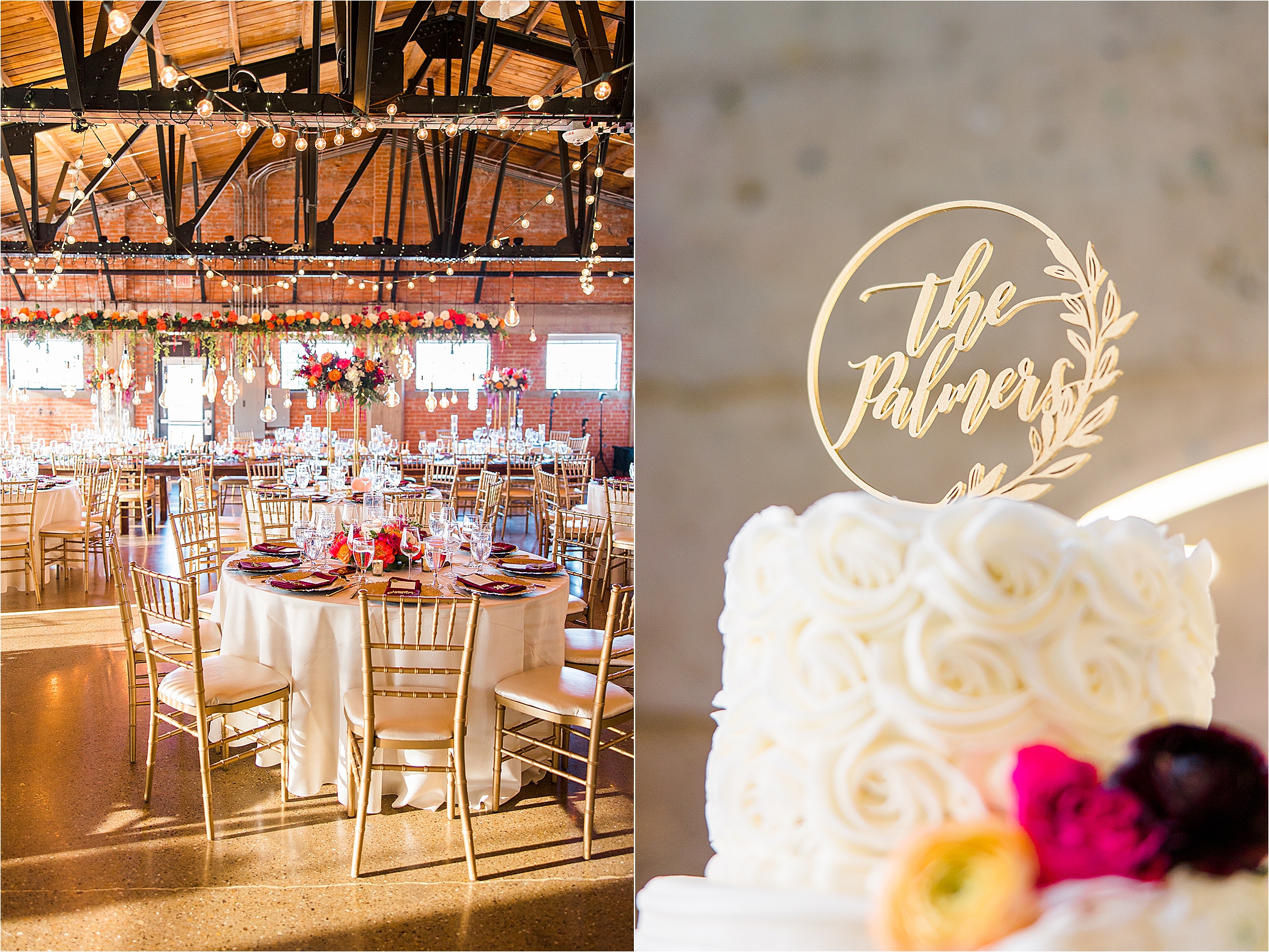 A wedding cake topper and photo of a beautifully decorated reception room at Hickory Street Annex 
