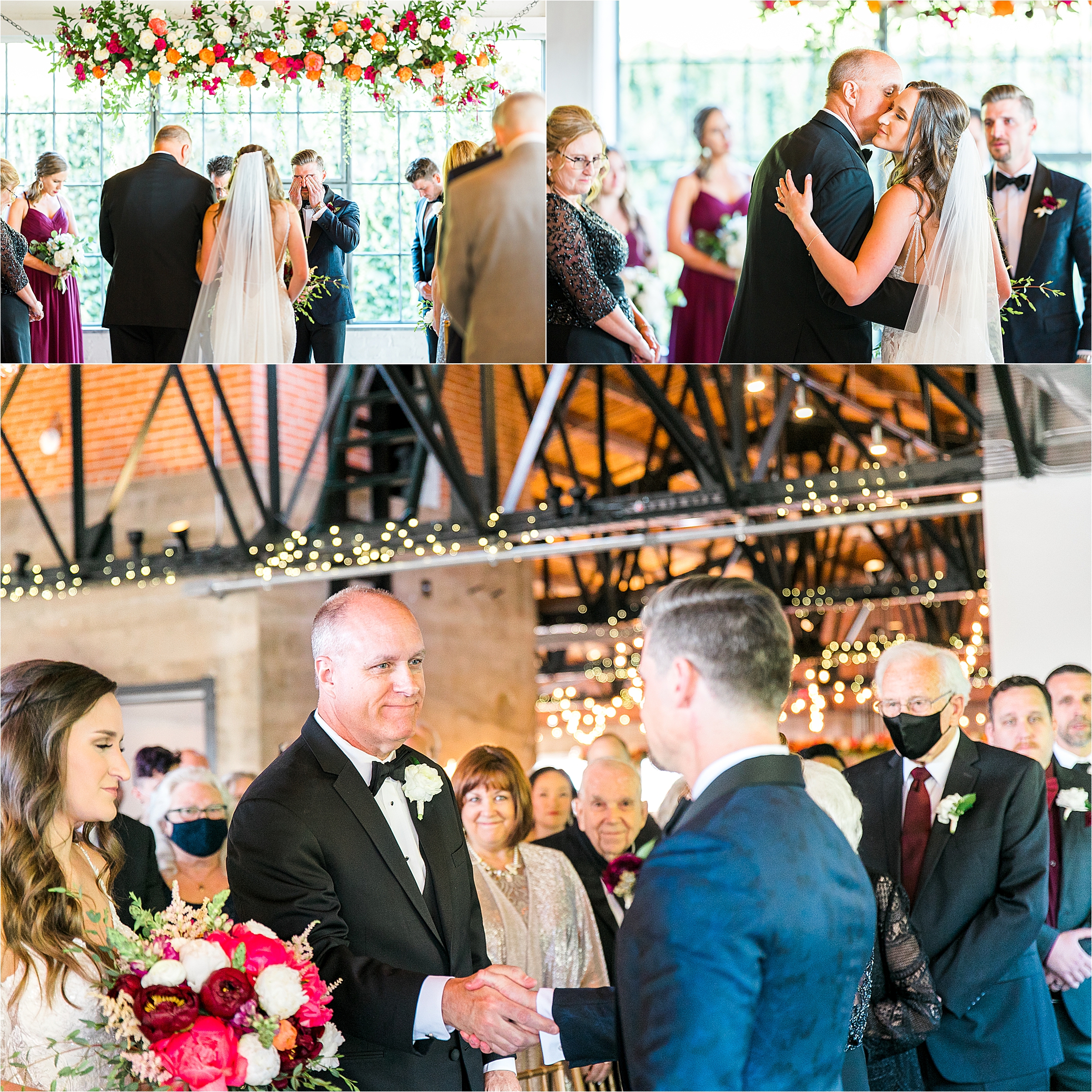 A bride kisses her father as he gives her away on her wedding day during their Hickory Street Annex Wedding draped in florals and twinkle lights. 