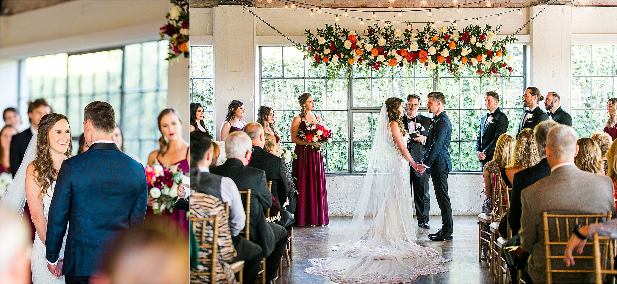 A couple holds hands and laughs together during their industrial wedding ceremony with hanging florals above them and ivy behind them. 