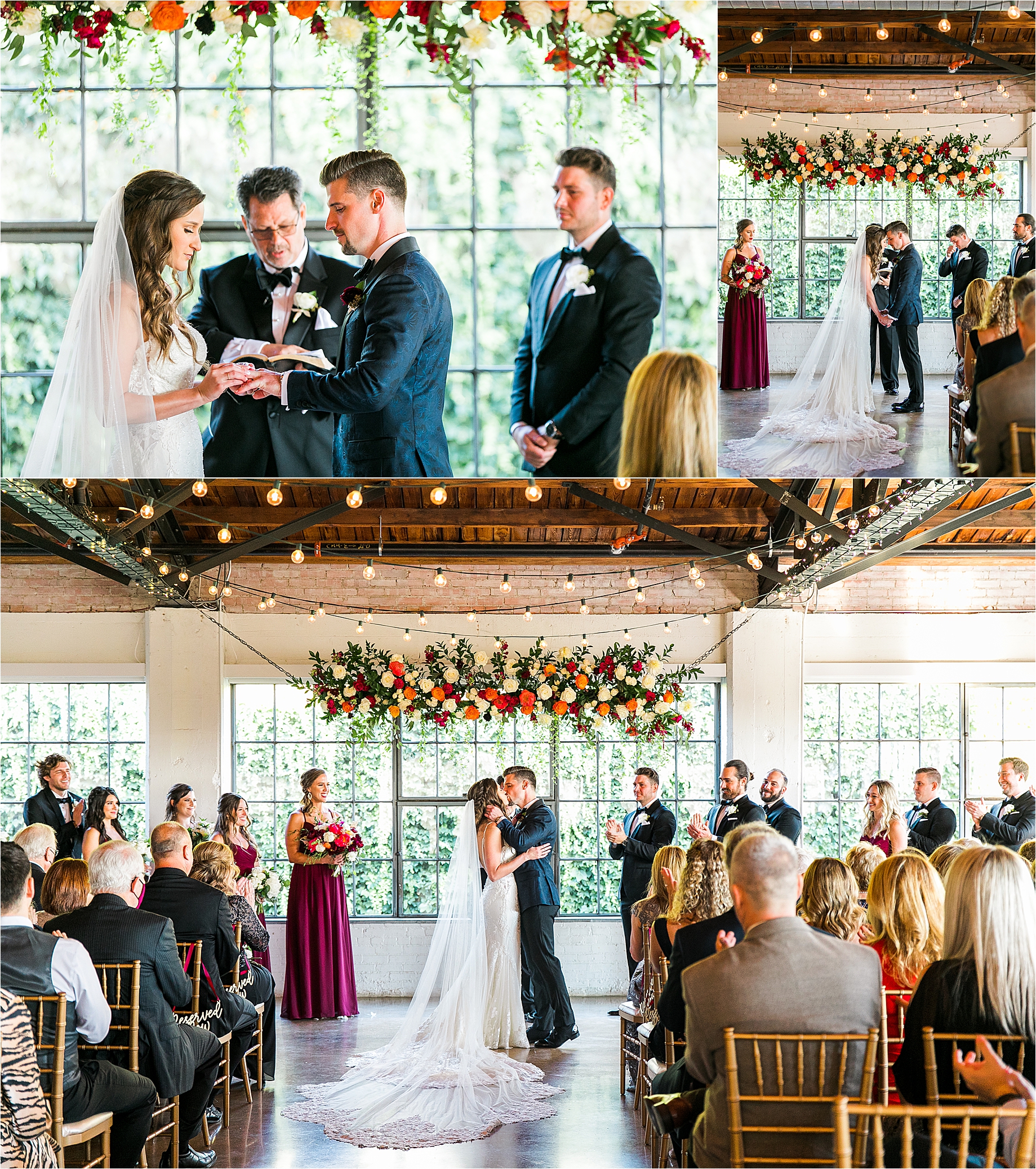 A bride puts on her groom's wedding band as they say their wedding vows and they share their first kiss as husband and wife at an industrial wedding venue, Hickory Street Annex, in Dallas Texas