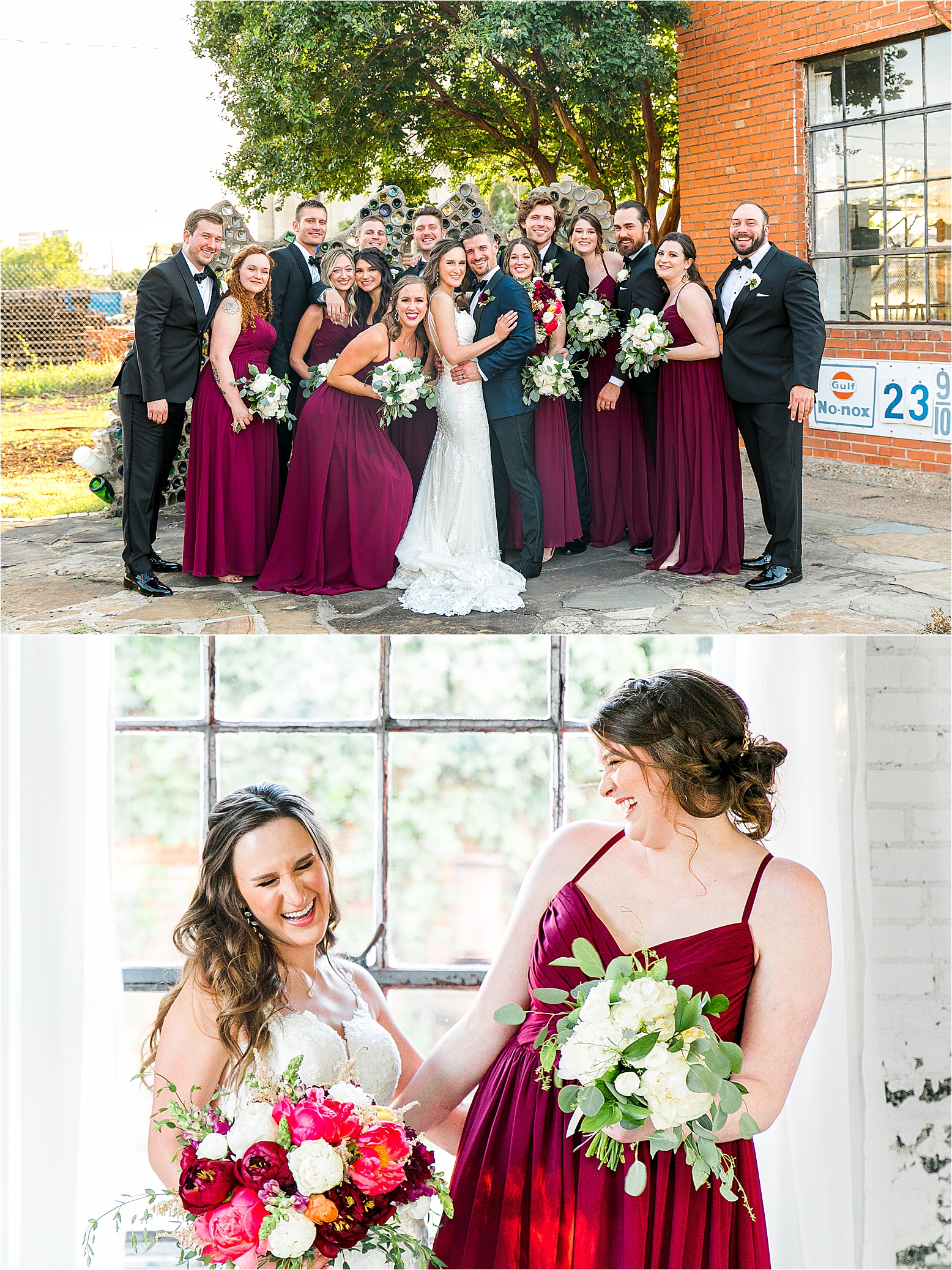A full wedding party in black, navy and maroon share a big, happy group hug on a bright summer day at Hickory Street Annex in Dallas, Texas with wedding photographer Jillian Hogan Photography 