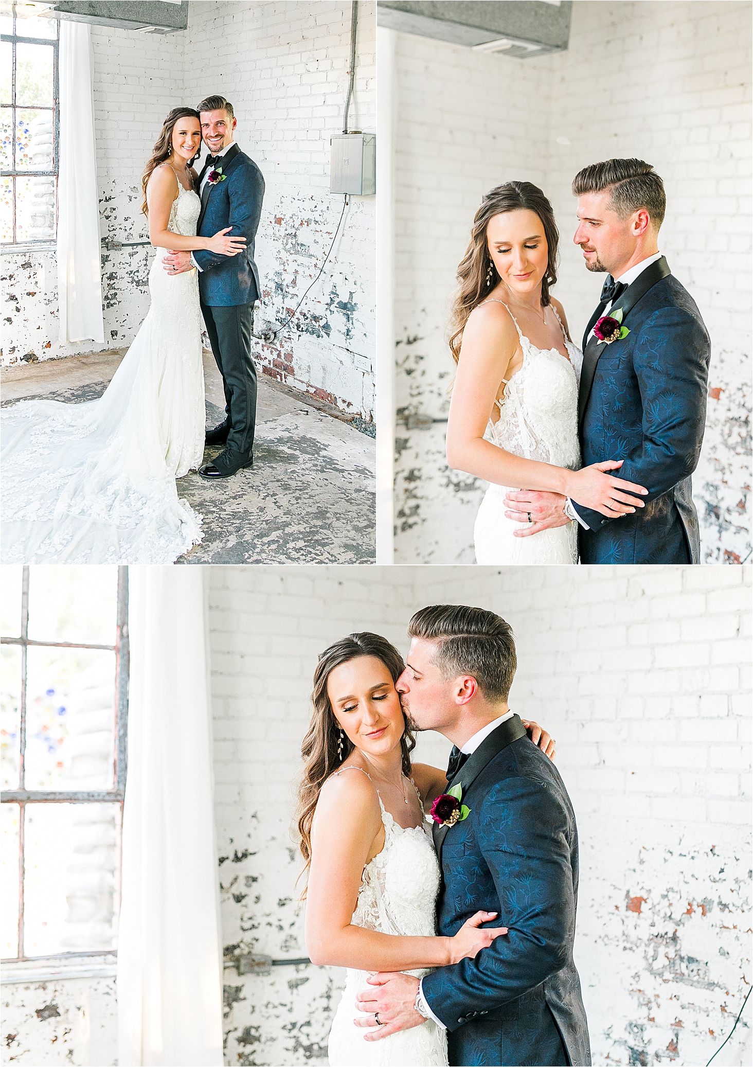 A newlywed couple hug and he kisses her on the check in a bright, white brick room at Hickory Street Annex in Dallas Texas 