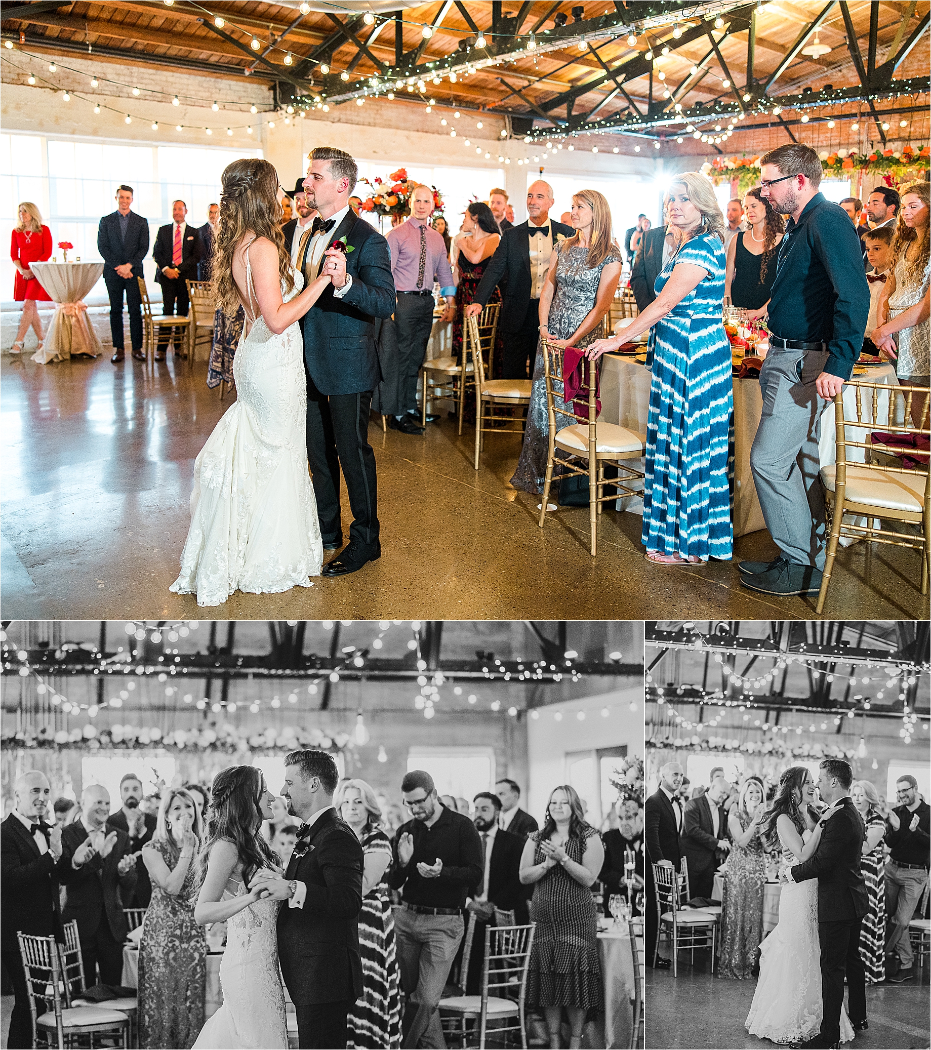 A couple shares their first dance as husband and wife while their guests look on