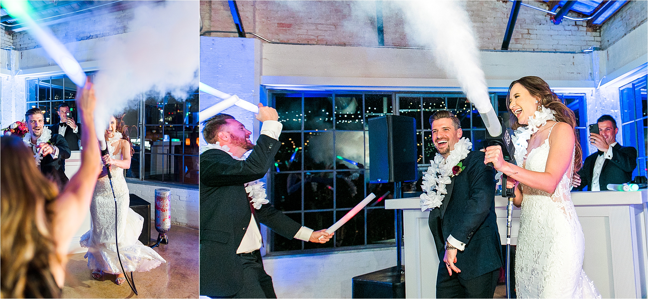 Cryo gun fun with wedding guests at their lively wedding reception at an industrial venue, Hickory Street Annex 