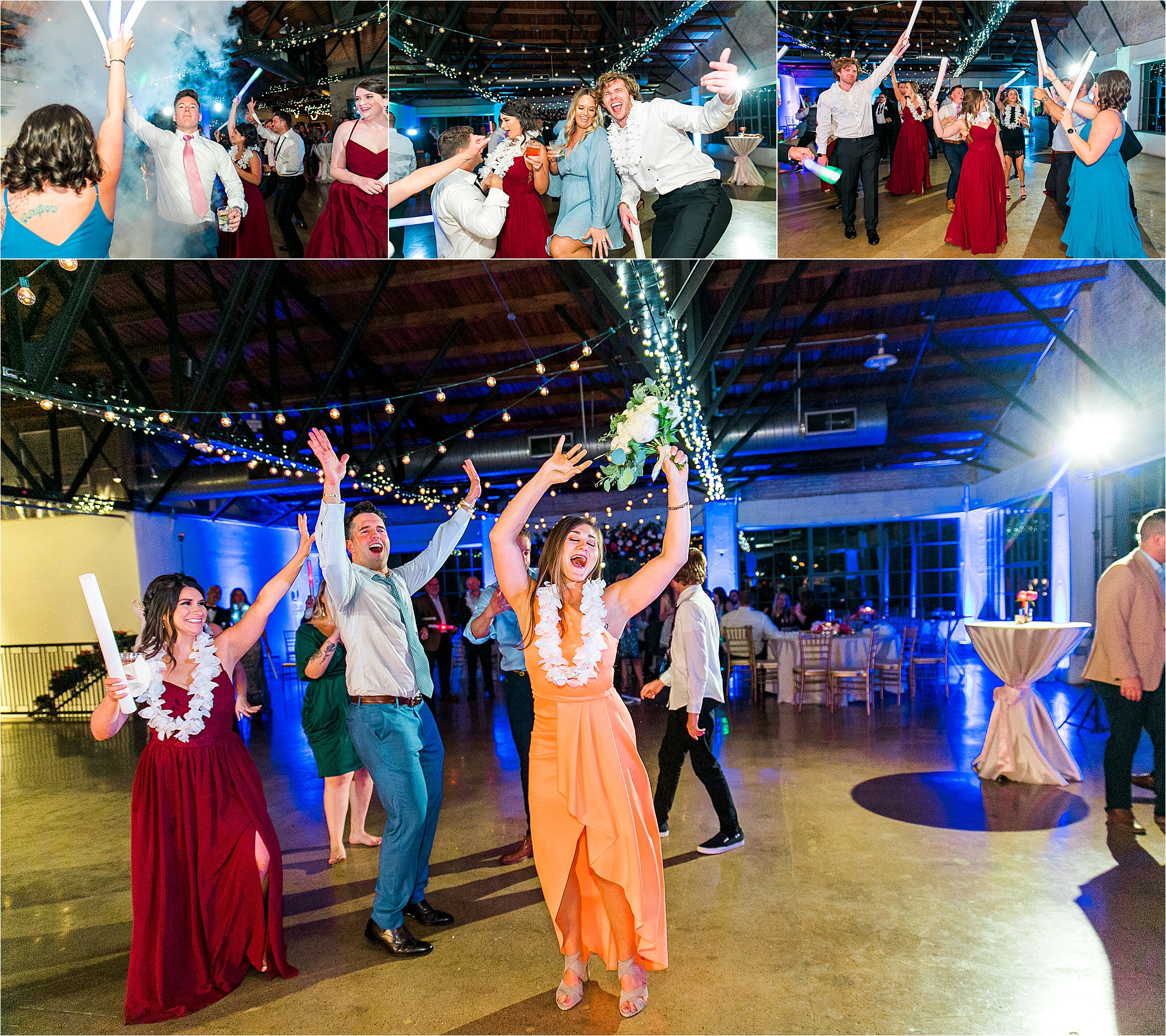 A guest is so happy as she waives her hand in the air catching the wedding bouquet at lively hickory street annex wedding reception in Dallas, Texas 