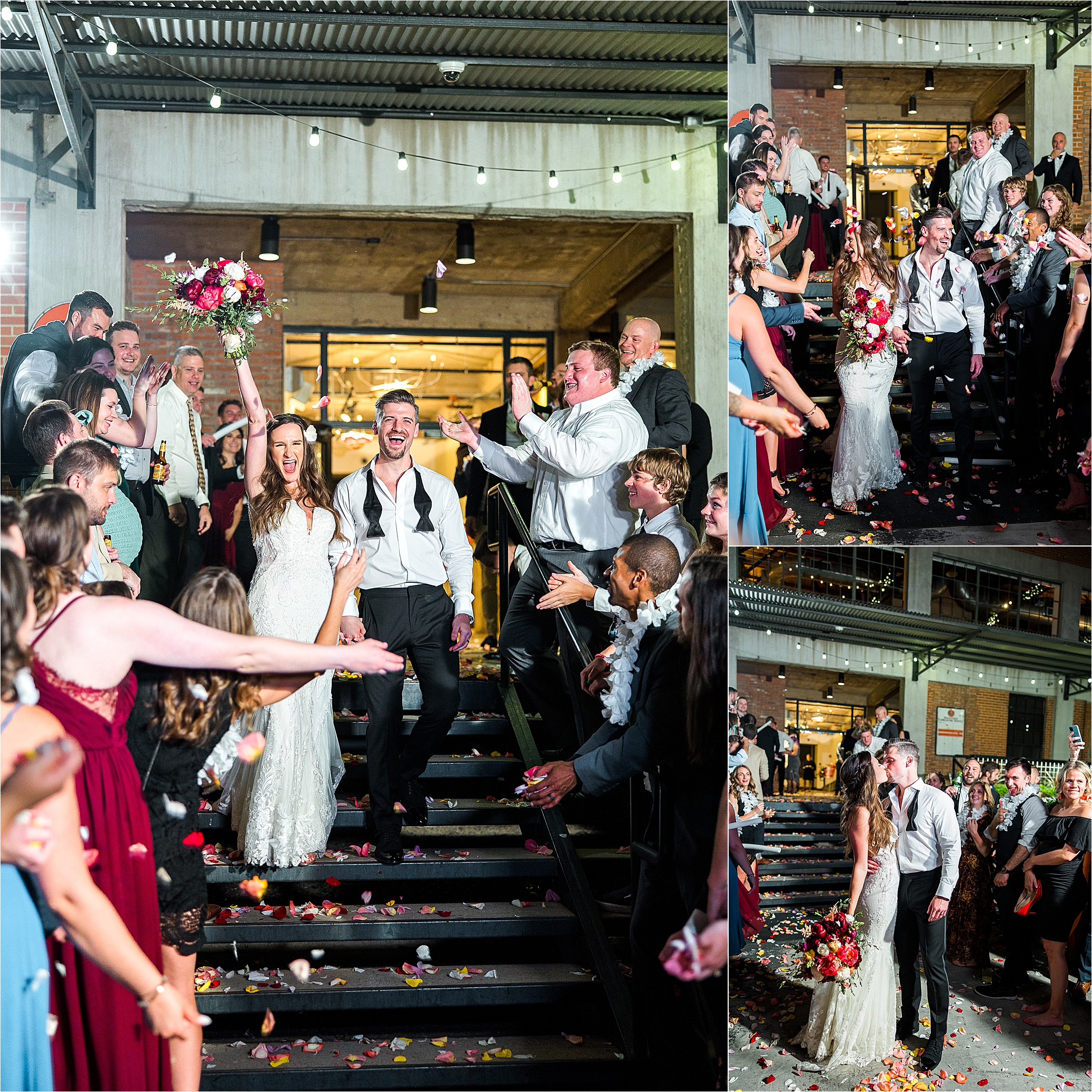 A newlywed joyfully cheers as they exit their reception venue and their guests toss rose petals to celebrate at Hickory Street Annex 