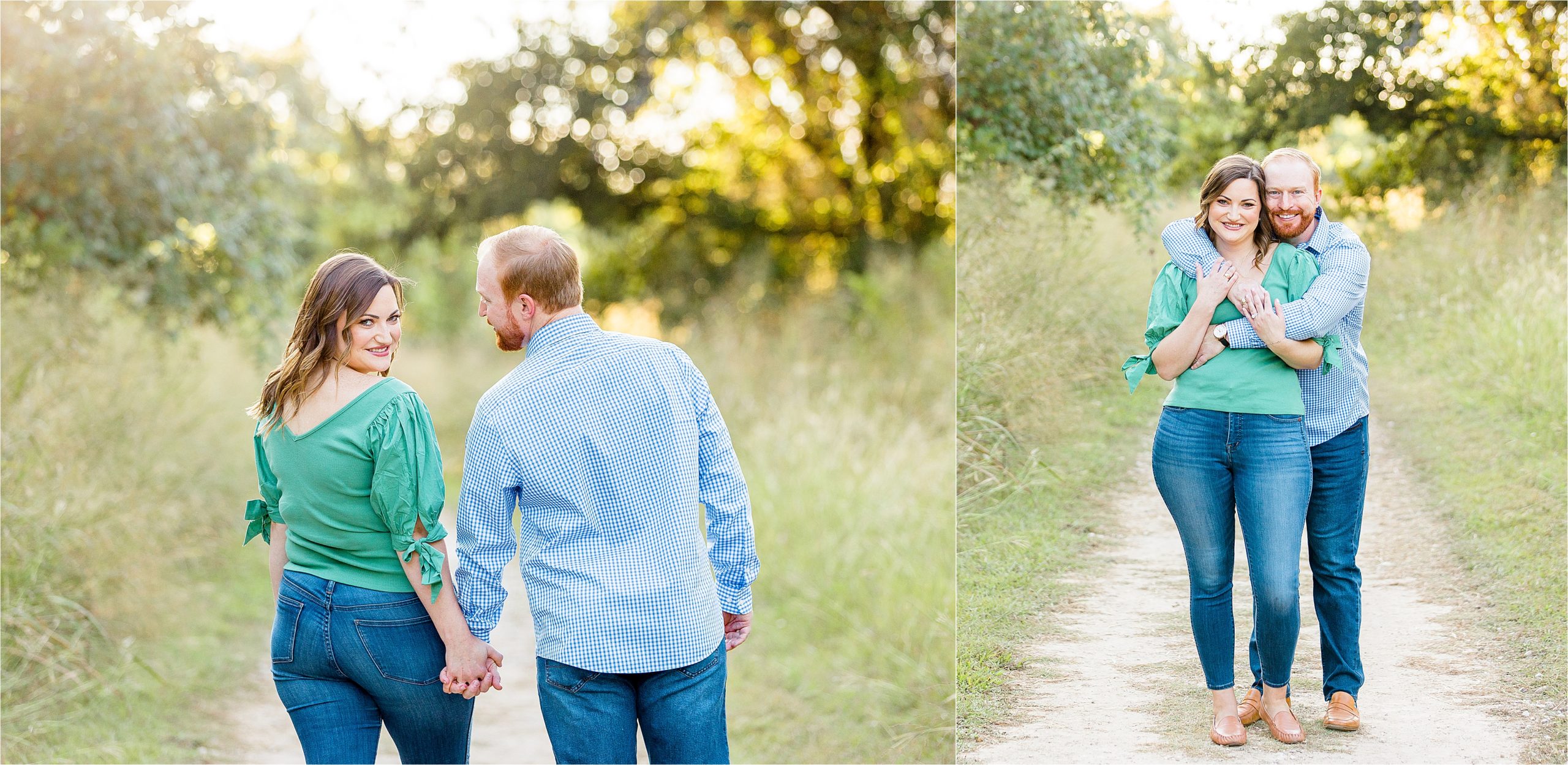 A couple hugs and a bride to be looks back smiling at the camera during their outdoor sunshine-filled engagement session in Boerne, TX with Hill Country Wedding Photographer Jillian Hogan 