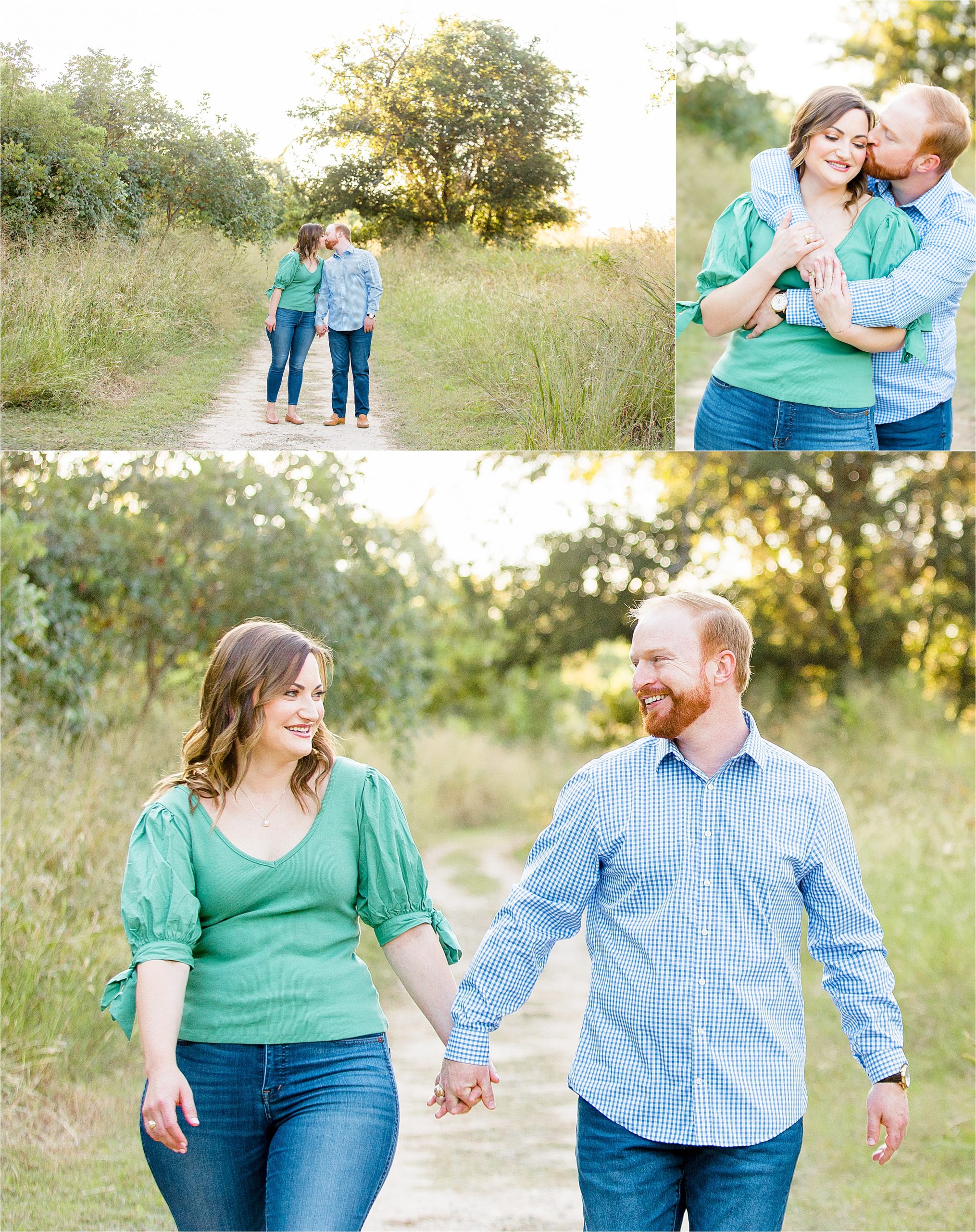 An engaged couple shares a kiss under a large tree during their fall, sunset engagement session in the Texas Hill Country