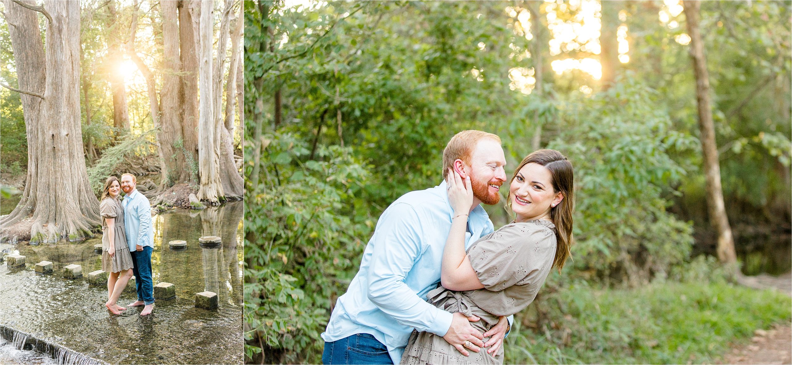 A couple poses in cibolo creek with their shoes off during their sunset hill country engagement session with Jillian Hogan Photography 