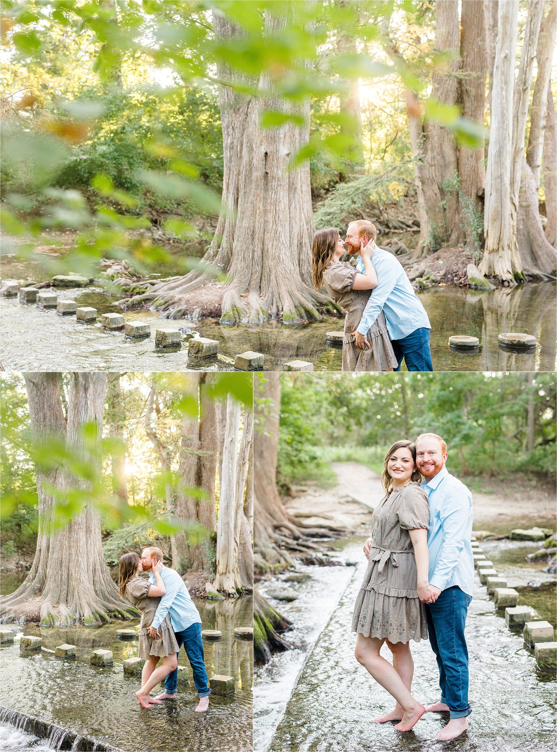 A couple nuzzles and dips back in Cibolo Creek during their summer engagement session in San Antonio Area