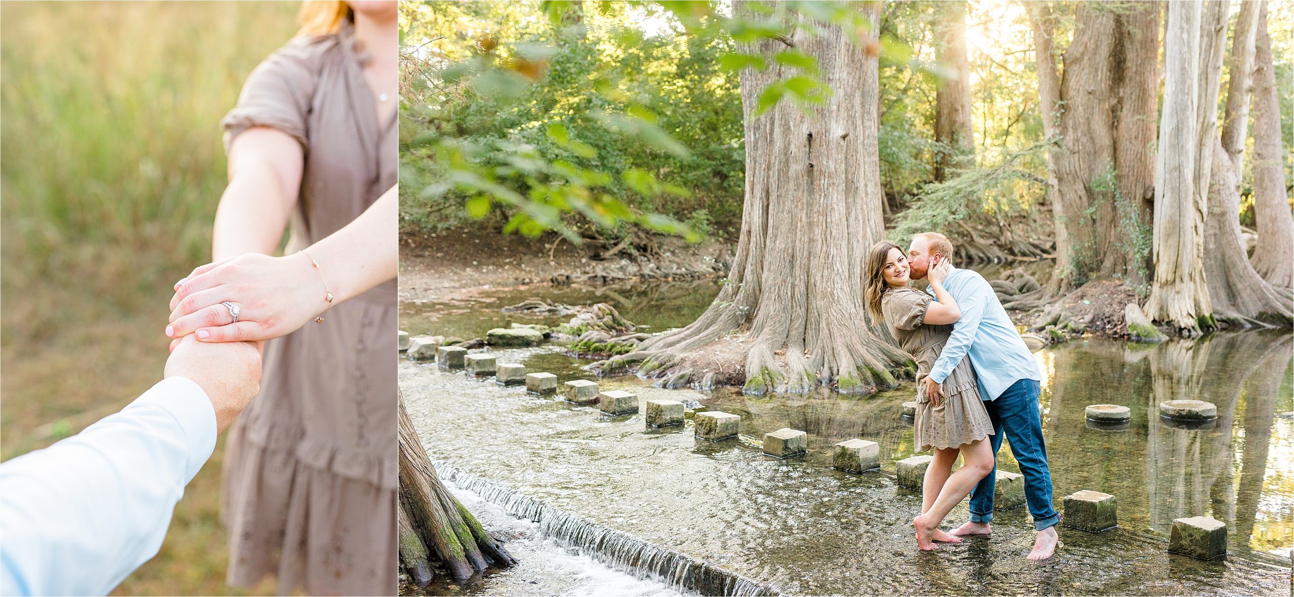 An engaged couple shows off the ring and shares a kiss in Cibolo Creek during their engagement session with San Antonio Wedding Photographer Jillian Hogan 